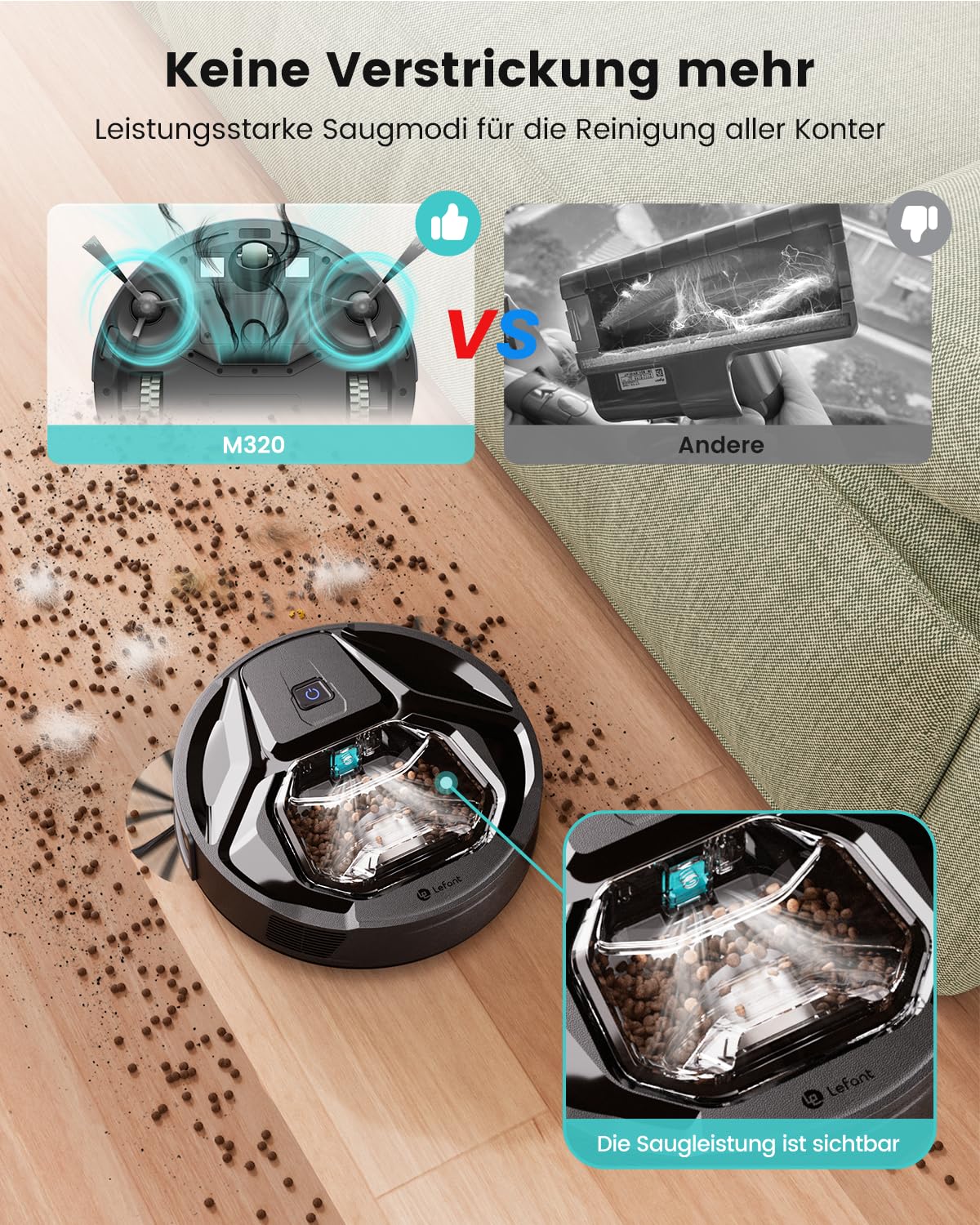 LEFANT M320 Saugroboter mit Wischfunktion 3 in 1, 6.000Pa Staubsauger Roboter mit Präzise-Entfernungs-Navigation, Sichtbar 800ML Staubbehälter, 210Mins, WLAN/App, Ideal für Tierhaare, Teppiche - Image 9