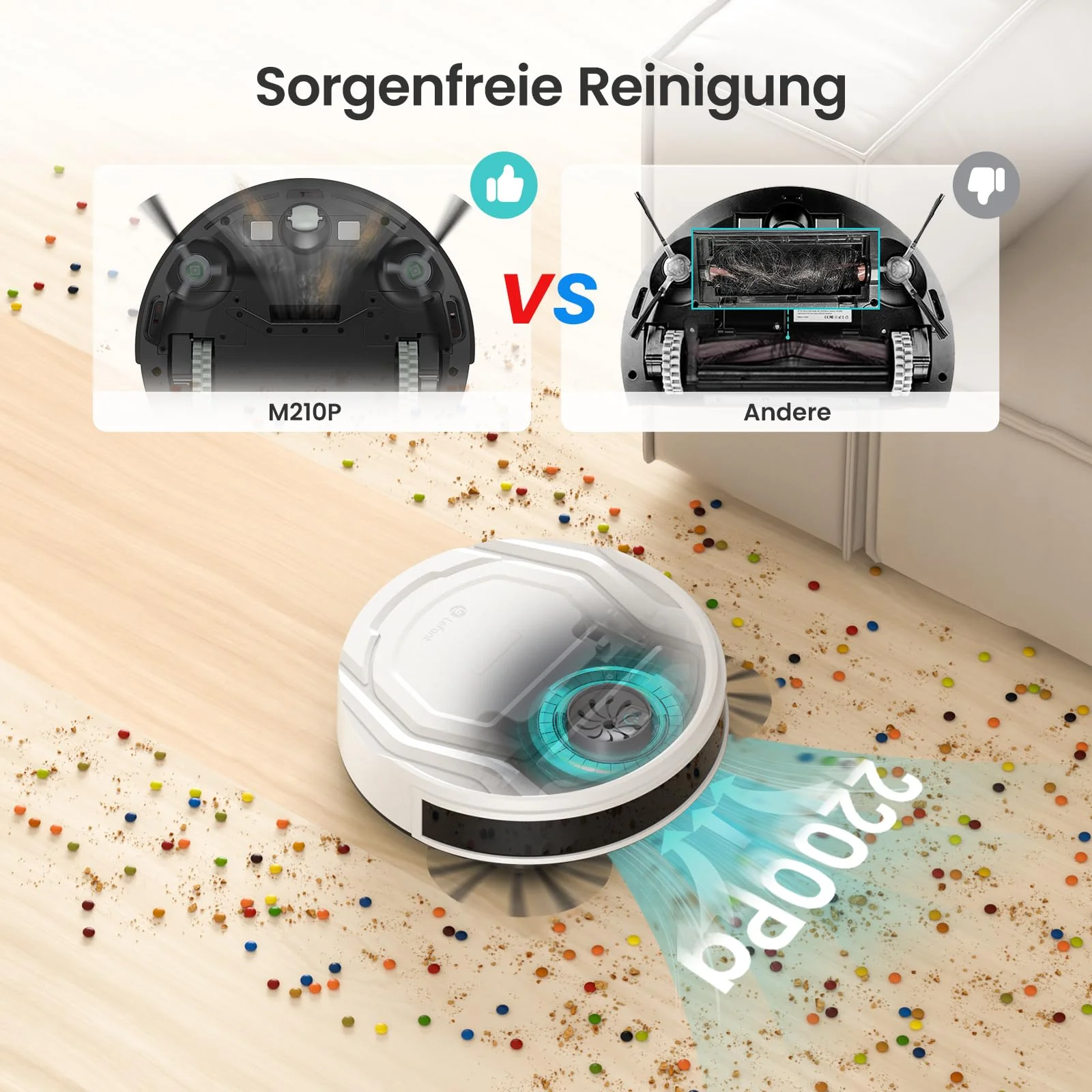 LEFANT Saugroboter mit Fernbedienung, 2200Pa Staubsauger Roboter, 120Mins Max, WLAN Roboterstaubsauger, Selbstaufladend, App/Alexa, Ideal für Tierhaare, Teppich, Hartboden 210P Weiß - Image 5