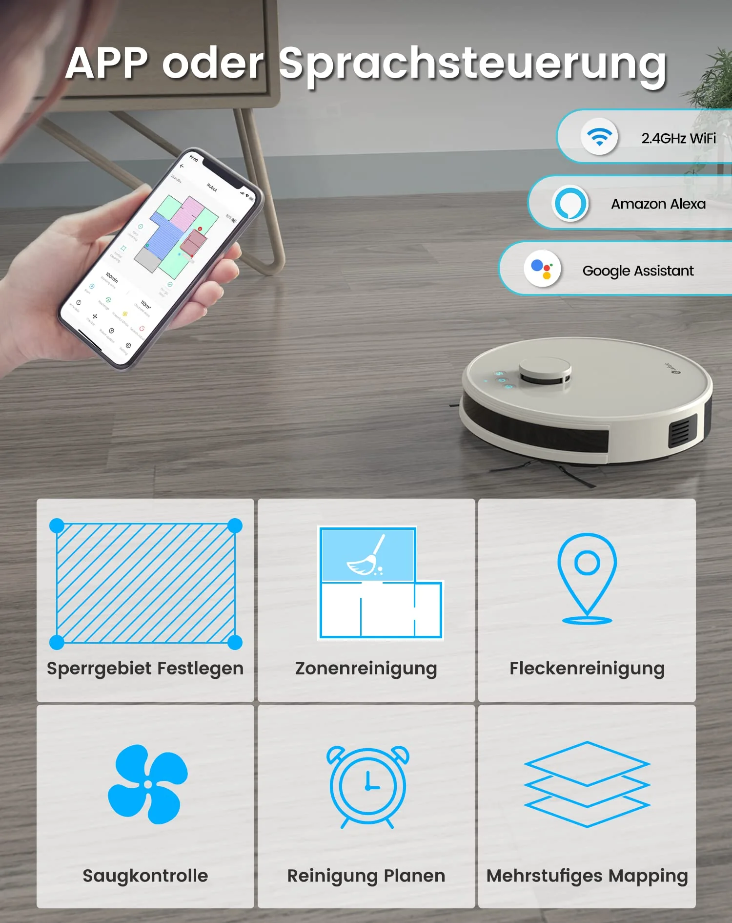 LEFANT Staubsauger Roboter, No-Go-Zonen, Saug und Wischroboter 5500 Pa Mehrstufiges Mapping, Laser Navigation, WiFi/APP/Alexa, Roboterstaubsauger für Tierhaare Hartböden - Image 3