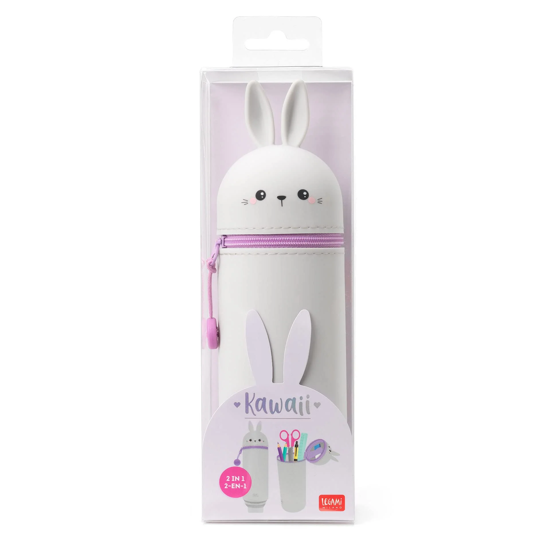 Legami - 2 in 1 Weiches Silikon-Federmäppchen, Kawaii, Stifthalter für den Tisch, Reißverschluss, Ø 6,3 cm, Motiv: Bunny, Bunny, Kawaii - Image 4