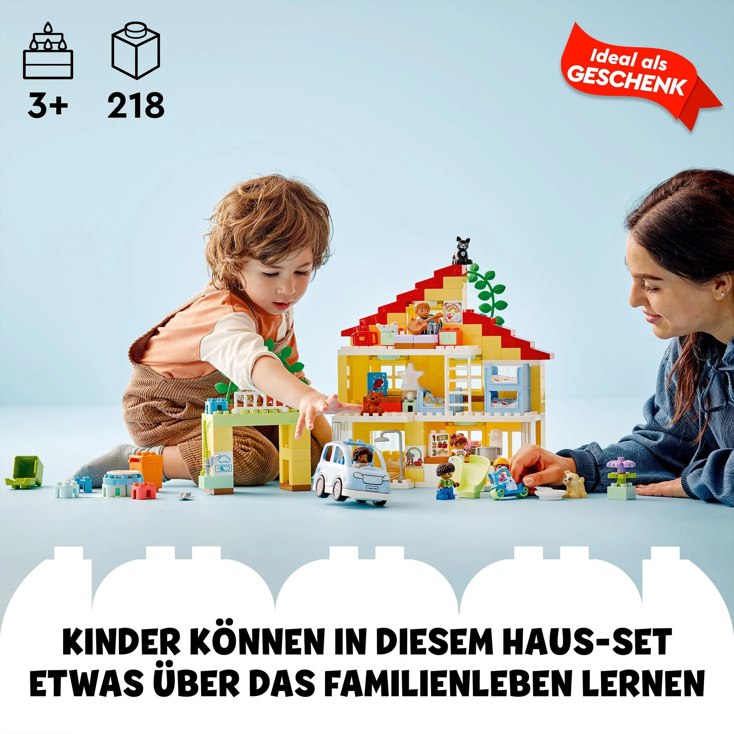 LEGO 10994 DUPLO 3-in-1-Familienhaus, Puppenhaus aus Bausteinen mit Push&Go Auto, 5 Figuren, 2 Tieren und Spielzeug-Lampe, Spielhaus Geschenk für Kleinkinder, Mädchen und Jungen ab 3 Jahren - Image 10