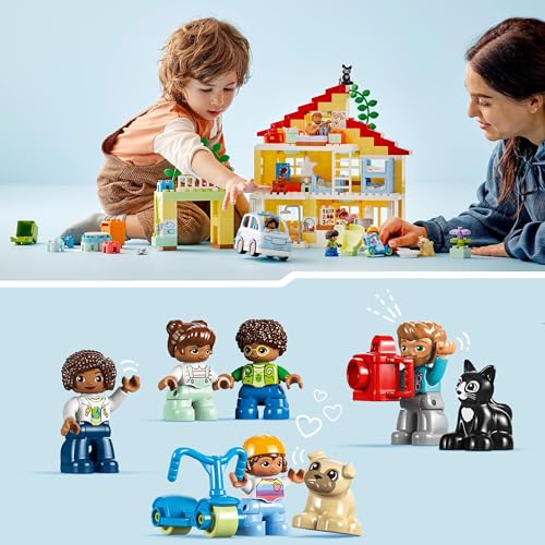 LEGO 10994 DUPLO 3-in-1-Familienhaus, Puppenhaus aus Bausteinen mit Push&Go Auto, 5 Figuren, 2 Tieren und Spielzeug-Lampe, Spielhaus Geschenk für Kleinkinder, Mädchen und Jungen ab 3 Jahren - Image 4
