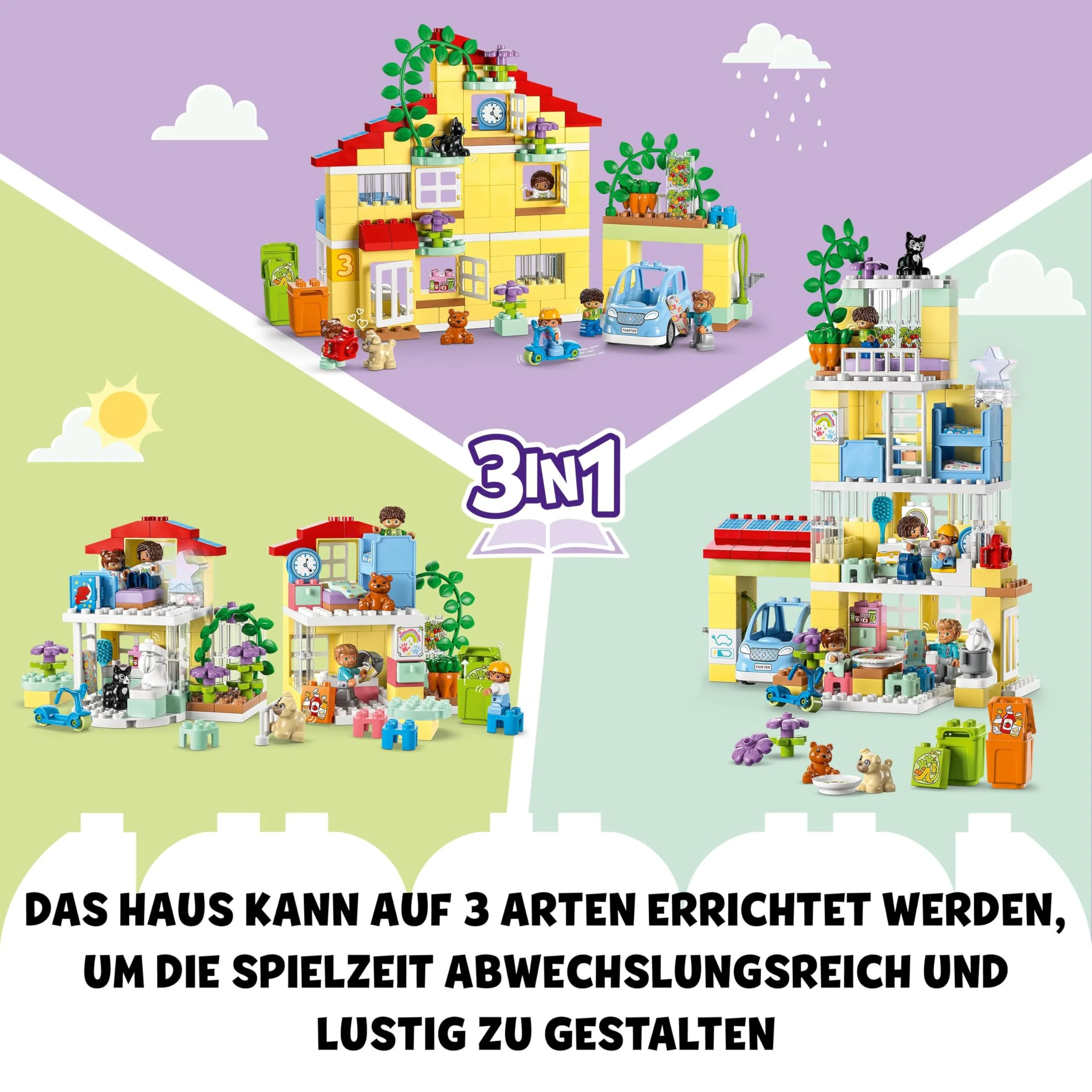 LEGO 10994 DUPLO 3-in-1-Familienhaus, Puppenhaus aus Bausteinen mit Push&Go Auto, 5 Figuren, 2 Tieren und Spielzeug-Lampe, Spielhaus Geschenk für Kleinkinder, Mädchen und Jungen ab 3 Jahren - Image 8