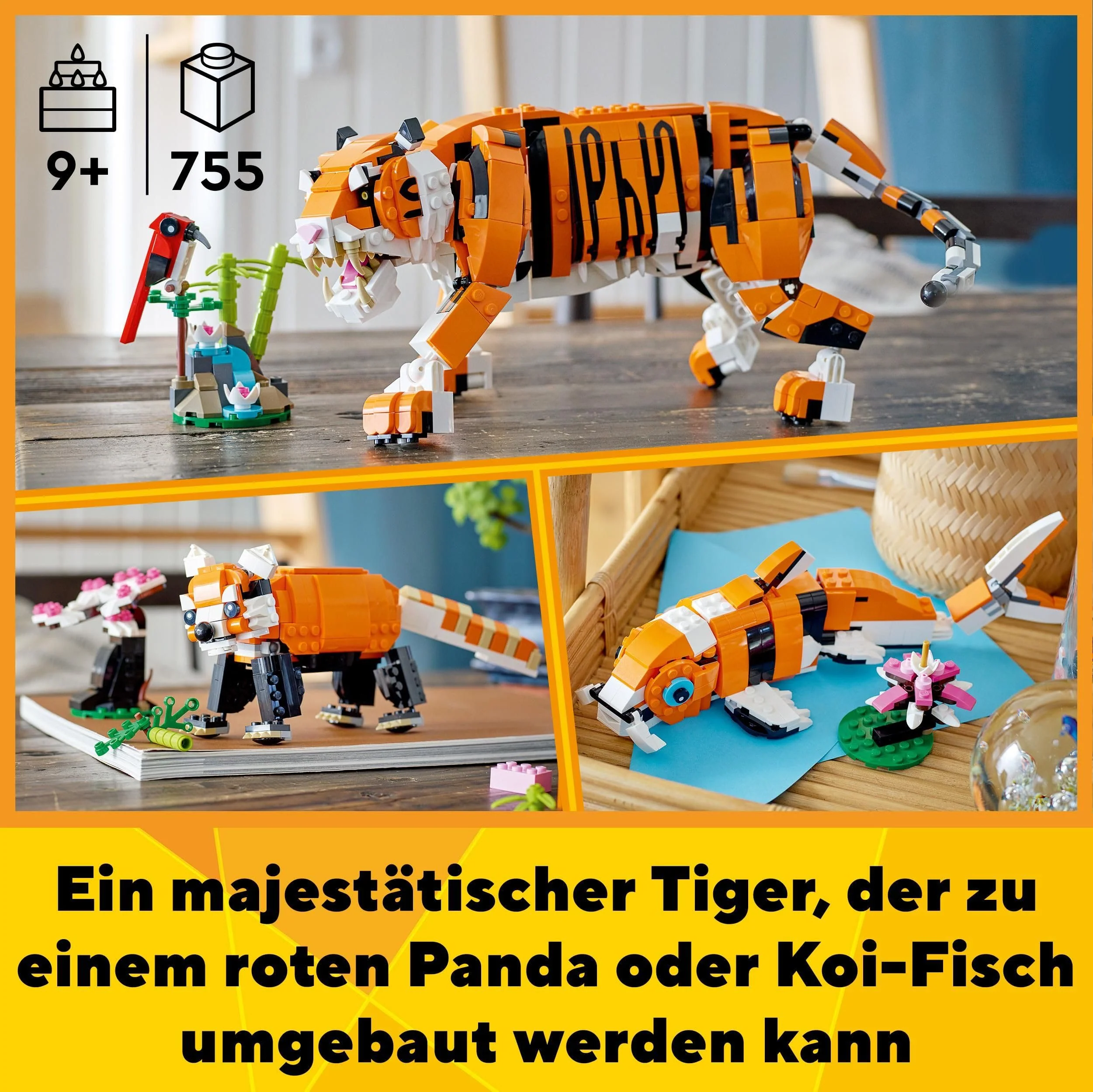 LEGO 31129 Creator Majestätischer Tiger, Panda oder Fisch, 3-in-1 Tierfiguren-Set, Spielzeug für Kinder, Jungen und Mädchen, Konstruktionsspielzeug mit Tieren - Image 8