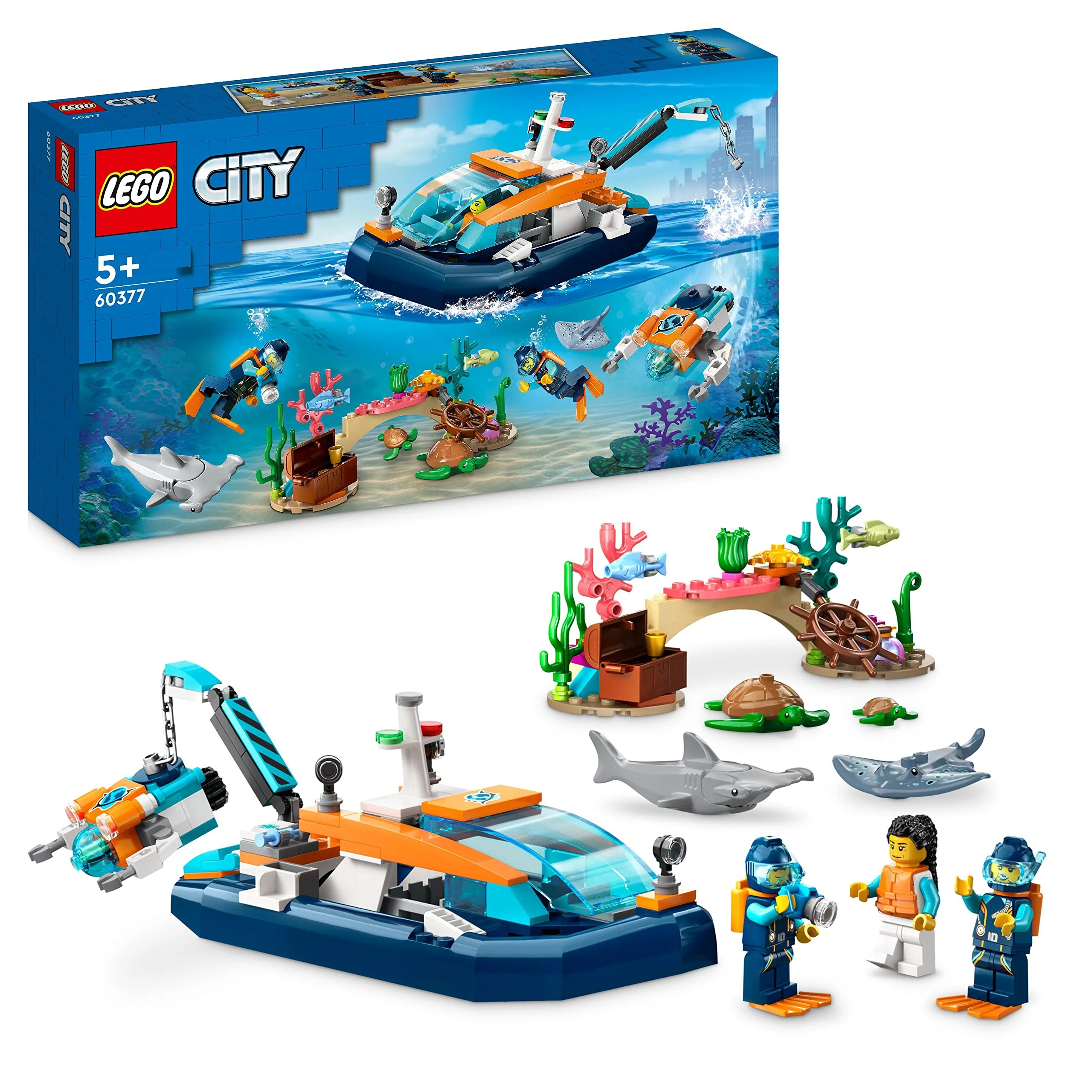 LEGO 60377 City Meeresforscher-Boot Spielzeug, Set enthält EIN Korallenriff, EIN U-Boot, 3 Minifiguren und Mantarochen, Haie, Krabben und 2 Schildkröten, Meerestiere Figuren für Kinder ab 5 Jahren