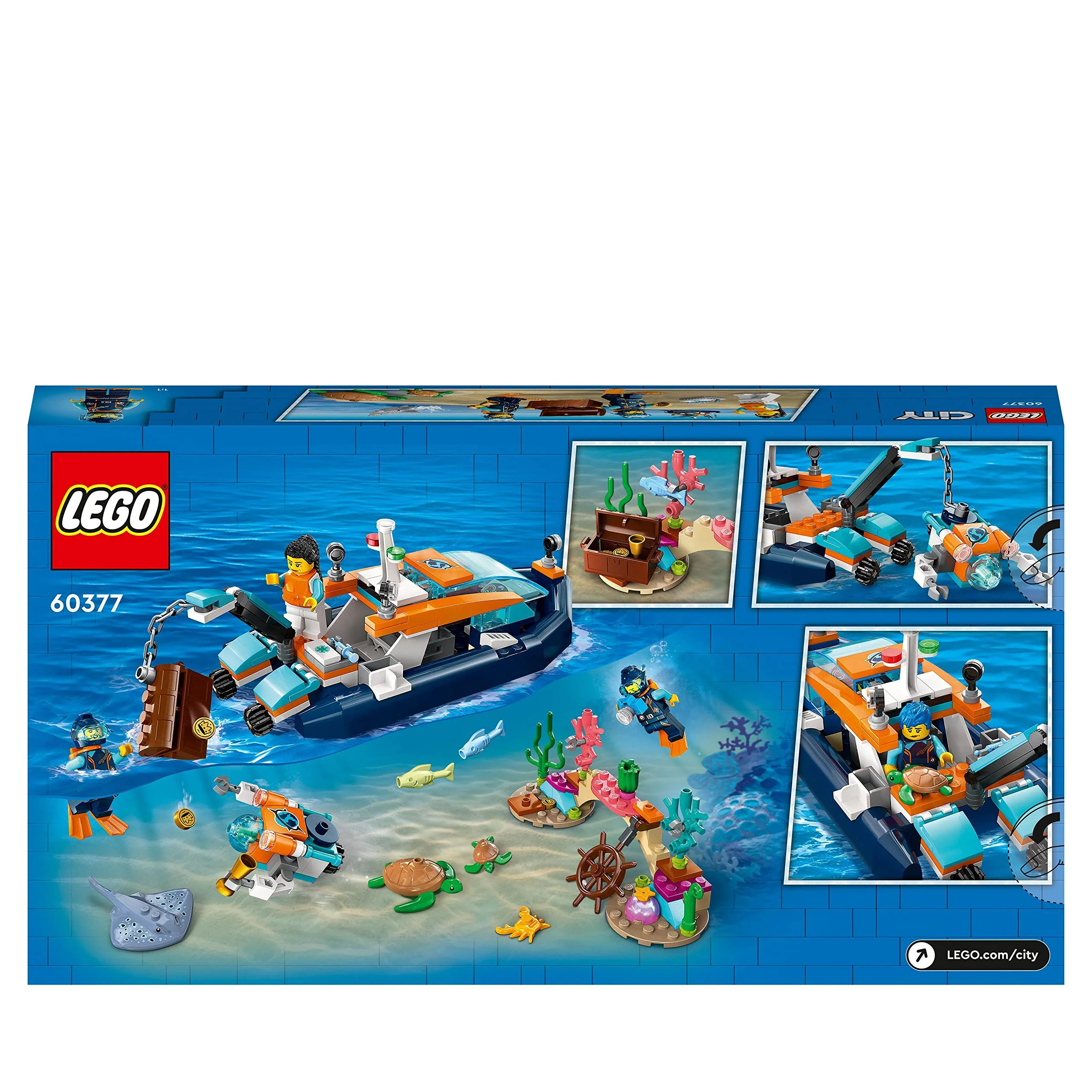 LEGO 60377 City Meeresforscher-Boot Spielzeug, Set enthält EIN Korallenriff, EIN U-Boot, 3 Minifiguren und Mantarochen, Haie, Krabben und 2 Schildkröten, Meerestiere Figuren für Kinder ab 5 Jahren - Image 2