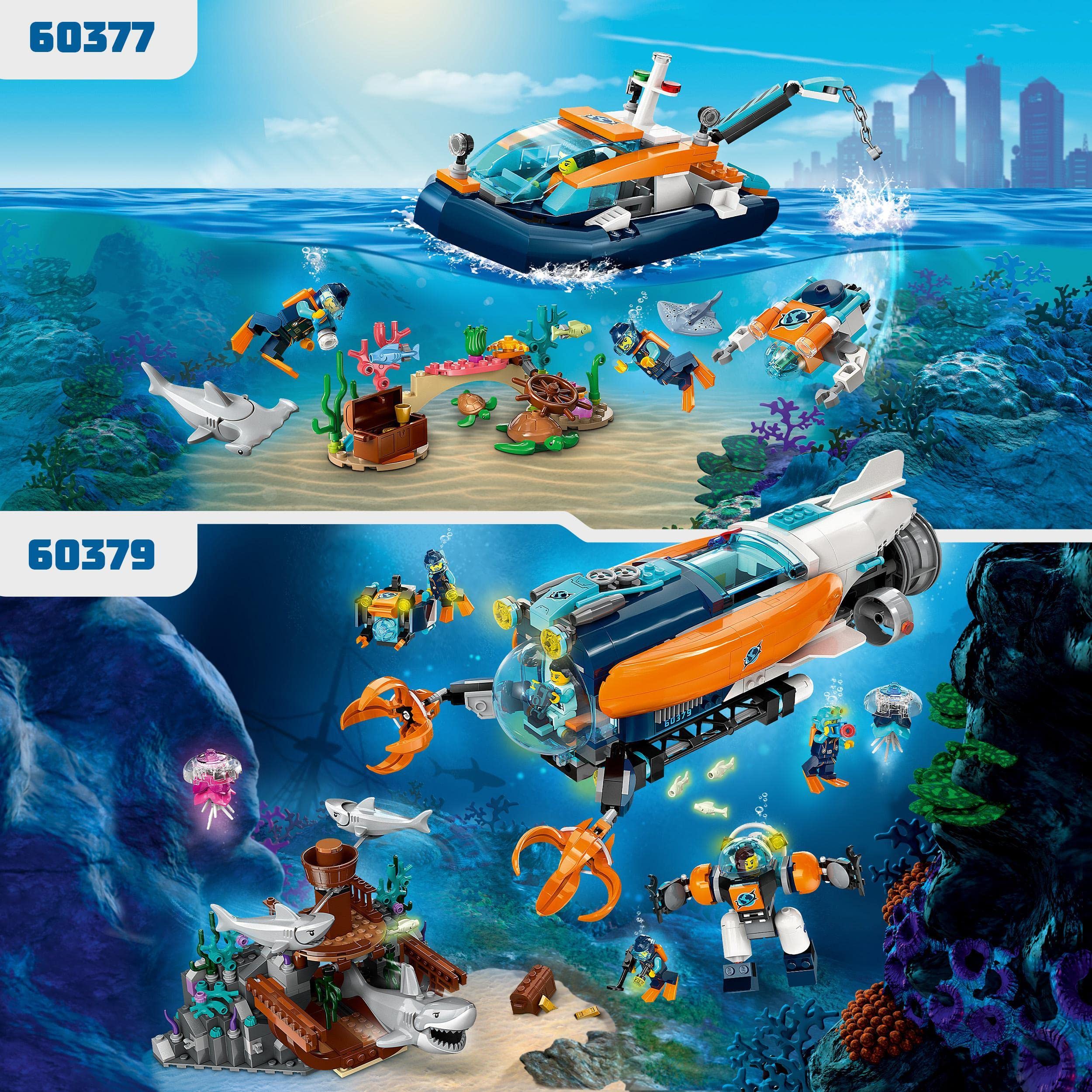 LEGO 60377 City Meeresforscher-Boot Spielzeug, Set enthält EIN Korallenriff, EIN U-Boot, 3 Minifiguren und Mantarochen, Haie, Krabben und 2 Schildkröten, Meerestiere Figuren für Kinder ab 5 Jahren - Image 5