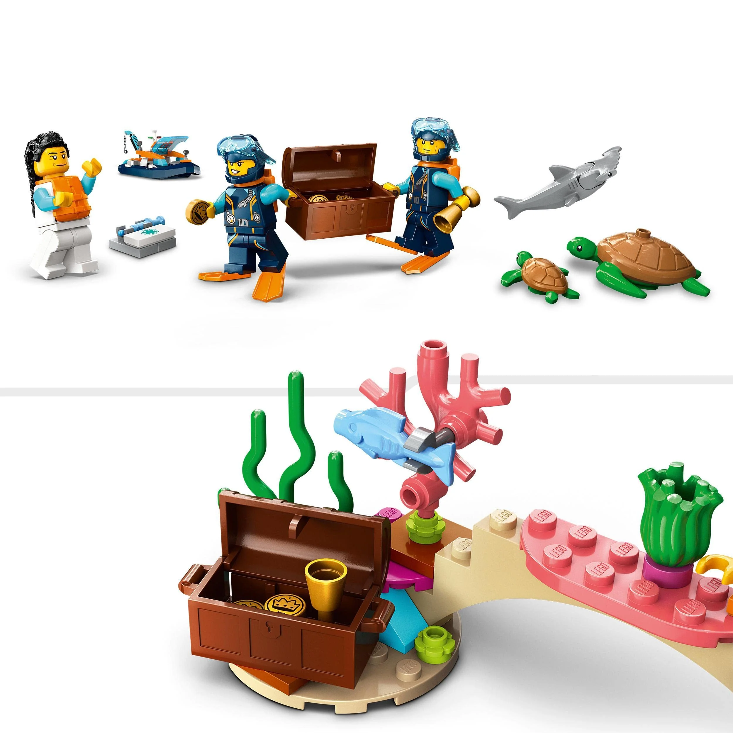 LEGO 60377 City Meeresforscher-Boot Spielzeug, Set enthält EIN Korallenriff, EIN U-Boot, 3 Minifiguren und Mantarochen, Haie, Krabben und 2 Schildkröten, Meerestiere Figuren für Kinder ab 5 Jahren - Image 6