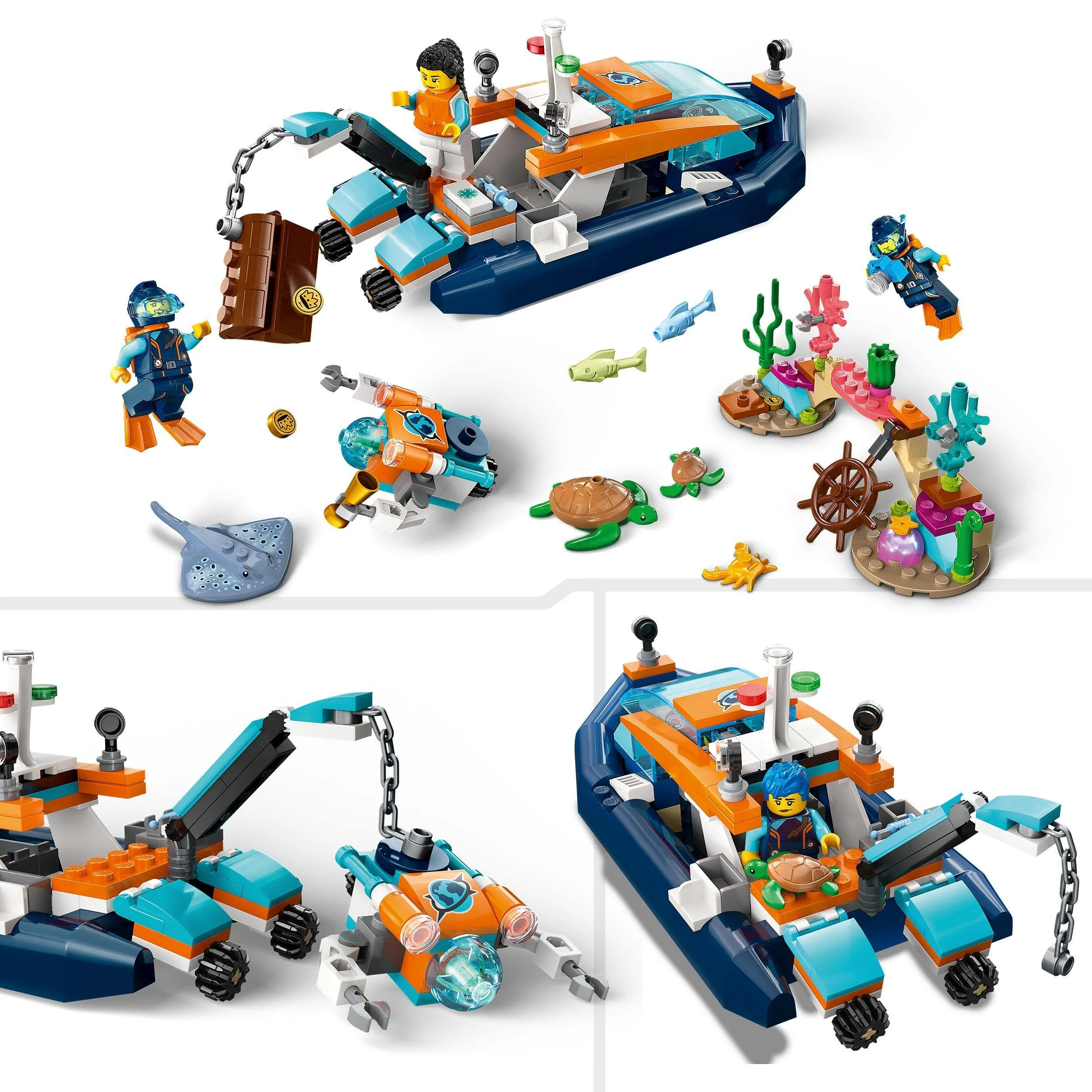 LEGO 60377 City Meeresforscher-Boot Spielzeug, Set enthält EIN Korallenriff, EIN U-Boot, 3 Minifiguren und Mantarochen, Haie, Krabben und 2 Schildkröten, Meerestiere Figuren für Kinder ab 5 Jahren - Image 7