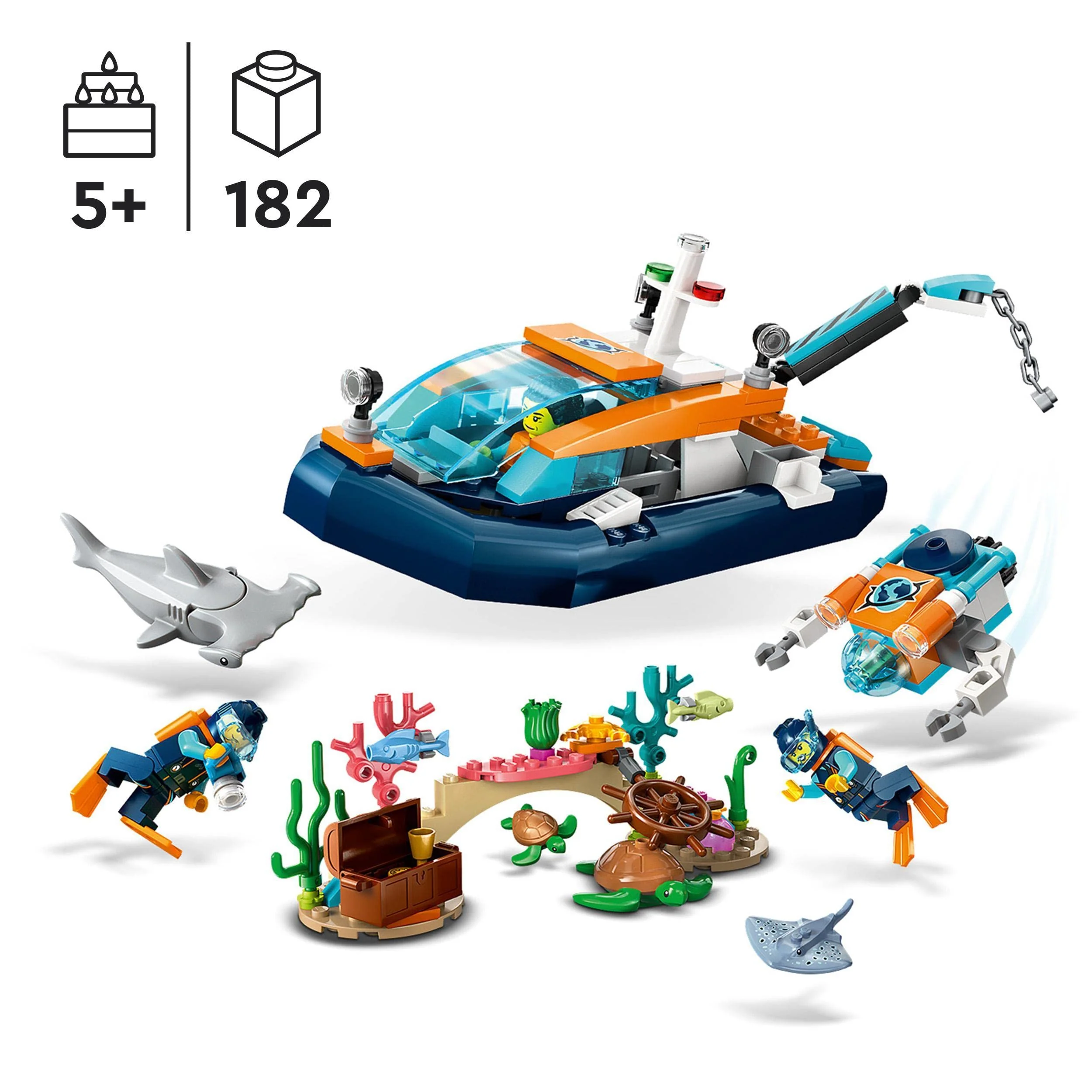 LEGO 60377 City Meeresforscher-Boot Spielzeug, Set enthält EIN Korallenriff, EIN U-Boot, 3 Minifiguren und Mantarochen, Haie, Krabben und 2 Schildkröten, Meerestiere Figuren für Kinder ab 5 Jahren - Image 8
