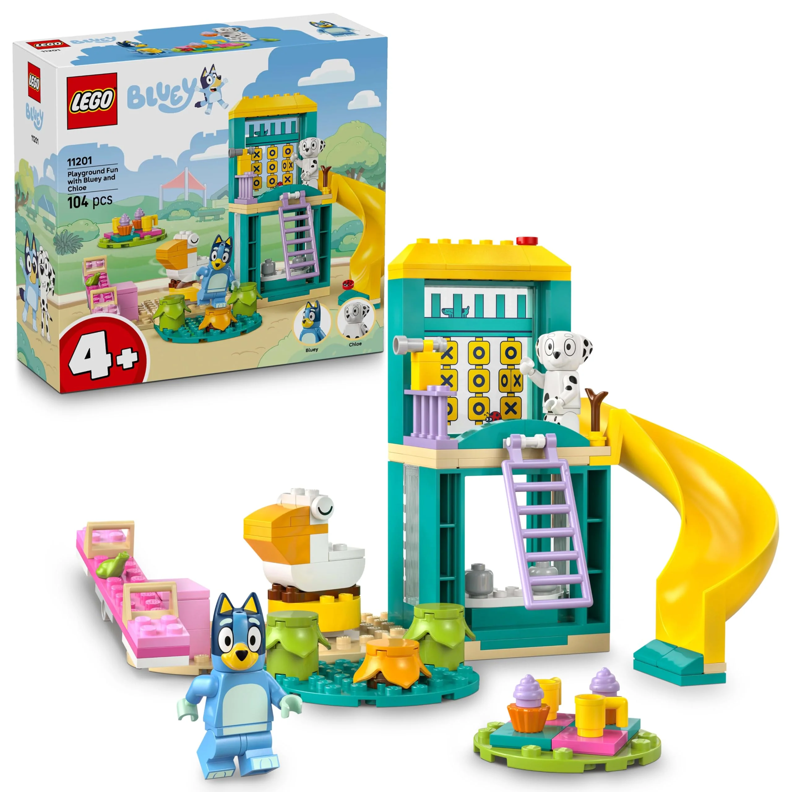 LEGO Bluey Playground Fun with Bluey and Chloe - Toy for 4+ Year Old Girls & Boys - incl. 2 Minifigures, a Functional Pink See-Saw, Slide, Climbing Frame & 3 Plants - Gift for TV Show Fans - 11201