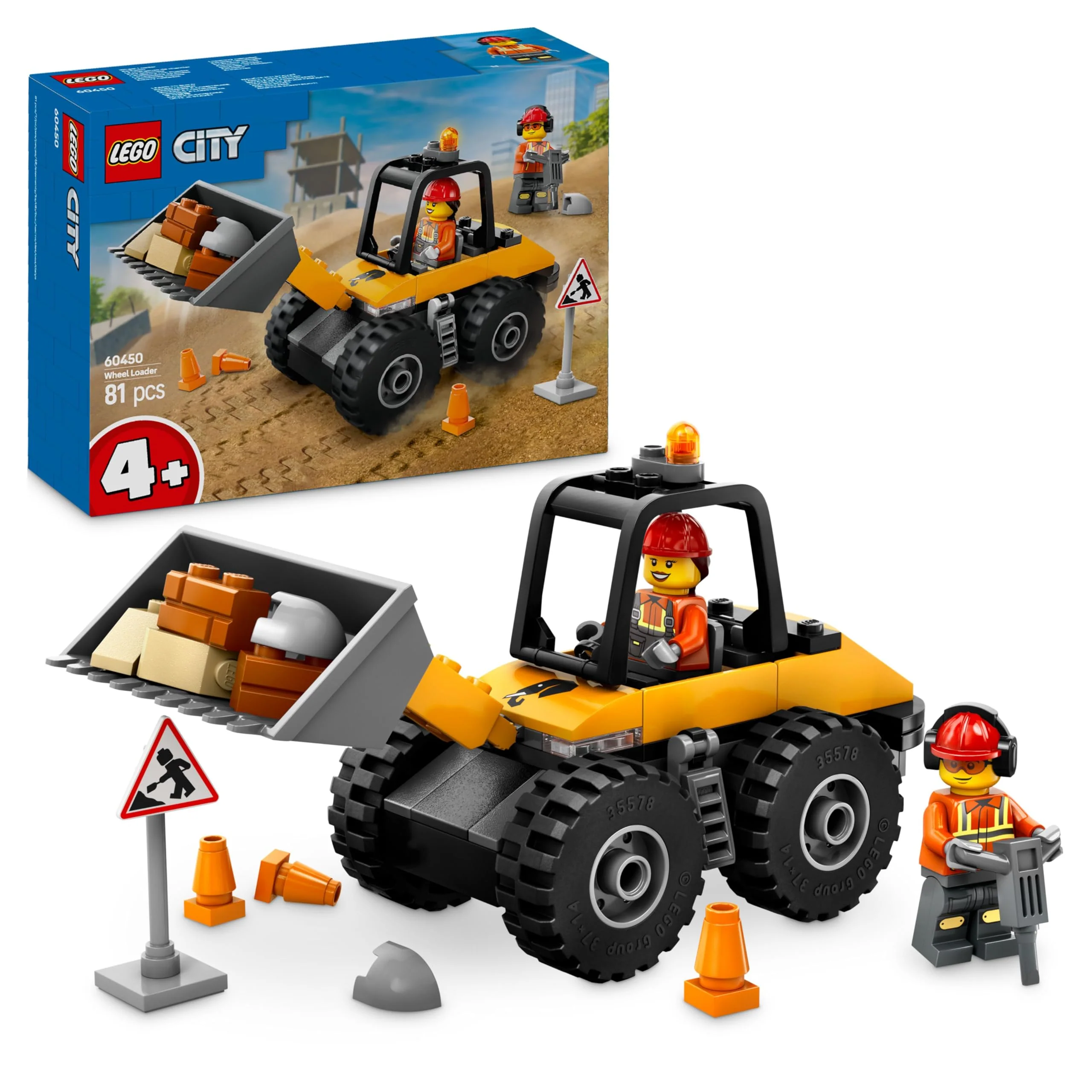 LEGO City Radlader - Spielzeugbagger für Kleinkinder, Mädchen und Jungen ab 4 Jahren - Fahrzeug Spielset - Montessori Geschenkideen für die Vorschule - Set mit 2 Bauarbeiter Minifiguren 60450