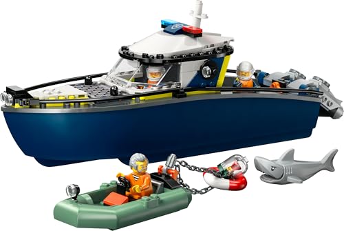 LEGO City Verfolgungsjagd im Polizeiboot – Spielset mit schwimmfähigem Schnellboot, Schlauchboot des Ganoven, 3 Mini-Figuren und Einer Haifigur – Geschenk für Jungen und Mädchen ab 6 Jahren – 60456 - Image 2
