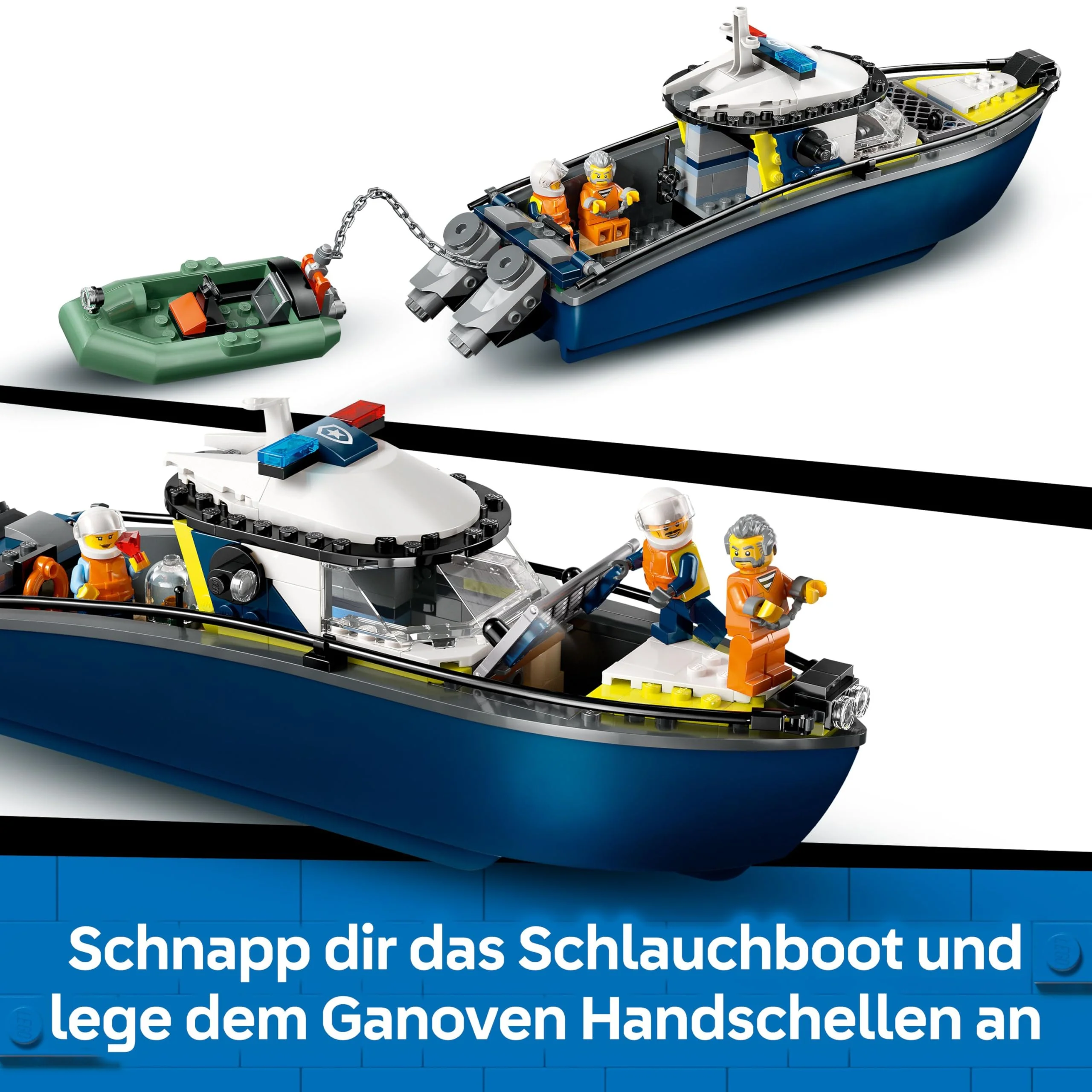 LEGO City Verfolgungsjagd im Polizeiboot – Spielset mit schwimmfähigem Schnellboot, Schlauchboot des Ganoven, 3 Mini-Figuren und Einer Haifigur – Geschenk für Jungen und Mädchen ab 6 Jahren – 60456 - Image 8