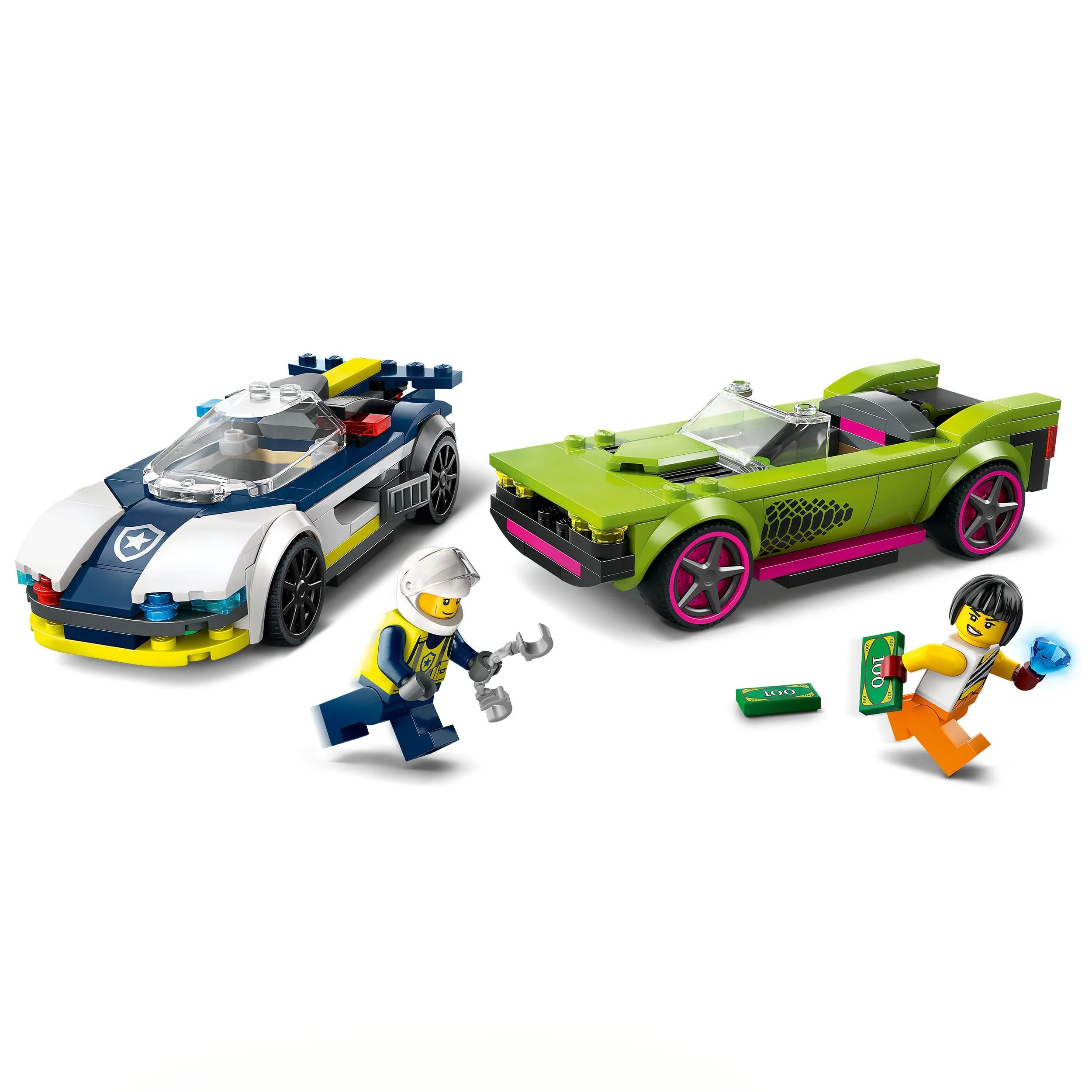 LEGO City Verfolgungsjagd mit Polizeiauto und Muscle Car, Auto-Spielezug mit 2 Rennautos, Polizei-Geschenk für Kinder, Jungs und Mädchen ab 6 Jahren, Set mit Polizist und Ganovin-Minifiguren 60415 - Image 9