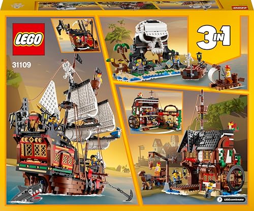 LEGO Creator 3-in-1 Piratenschiff Set, Spielzeug mit 3 Baumöglichkeiten, Baue in Piraten-Taverne oder Pirateninsel mit Totenkopf um, inklusive 3 Minifiguren für Rollenspiel-Abenteuer 31109 - Image 2