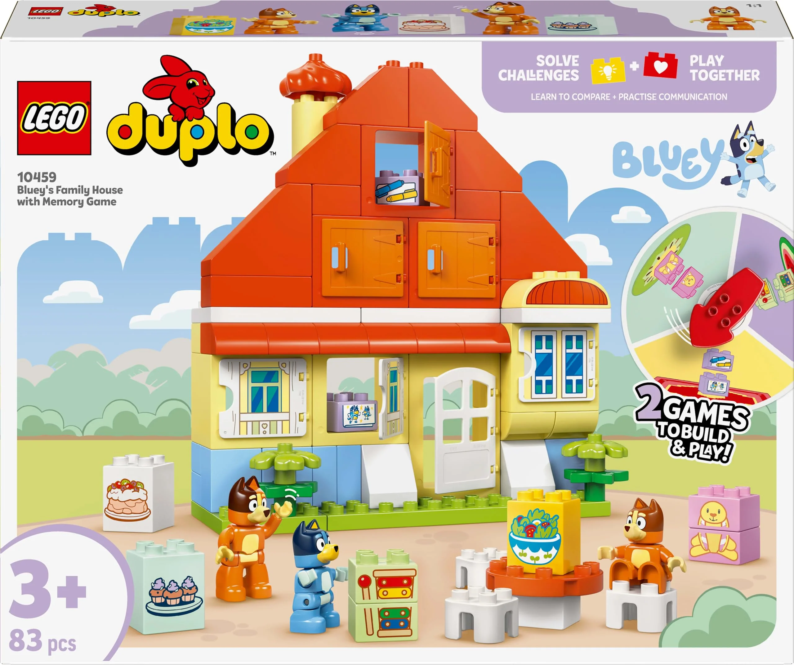 LEGO DUPLO Bluey: Blueys Familienhaus mit Memory-Spiel - Lernspielzeug für Kleinkinder - Inkl. 3 Minifiguren, aufklappbare Fenster und Brettspiel - Geschenk für Jungen & Mädchen ab 3 Jahren - 10459 - Image 2
