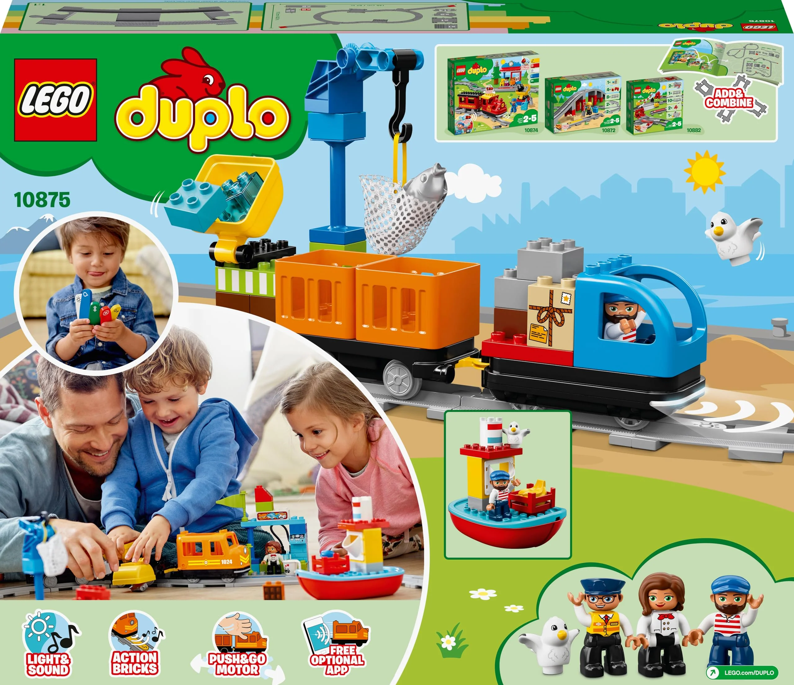 LEGO DUPLO Güterzug, „Push & Go“-Lok mit Lichtern und Geräuschen, Funktionssteinen und 2 Kranen, Spielzeug für Mädchen und Jungen ab 2 Jahren 10875 - Image 2
