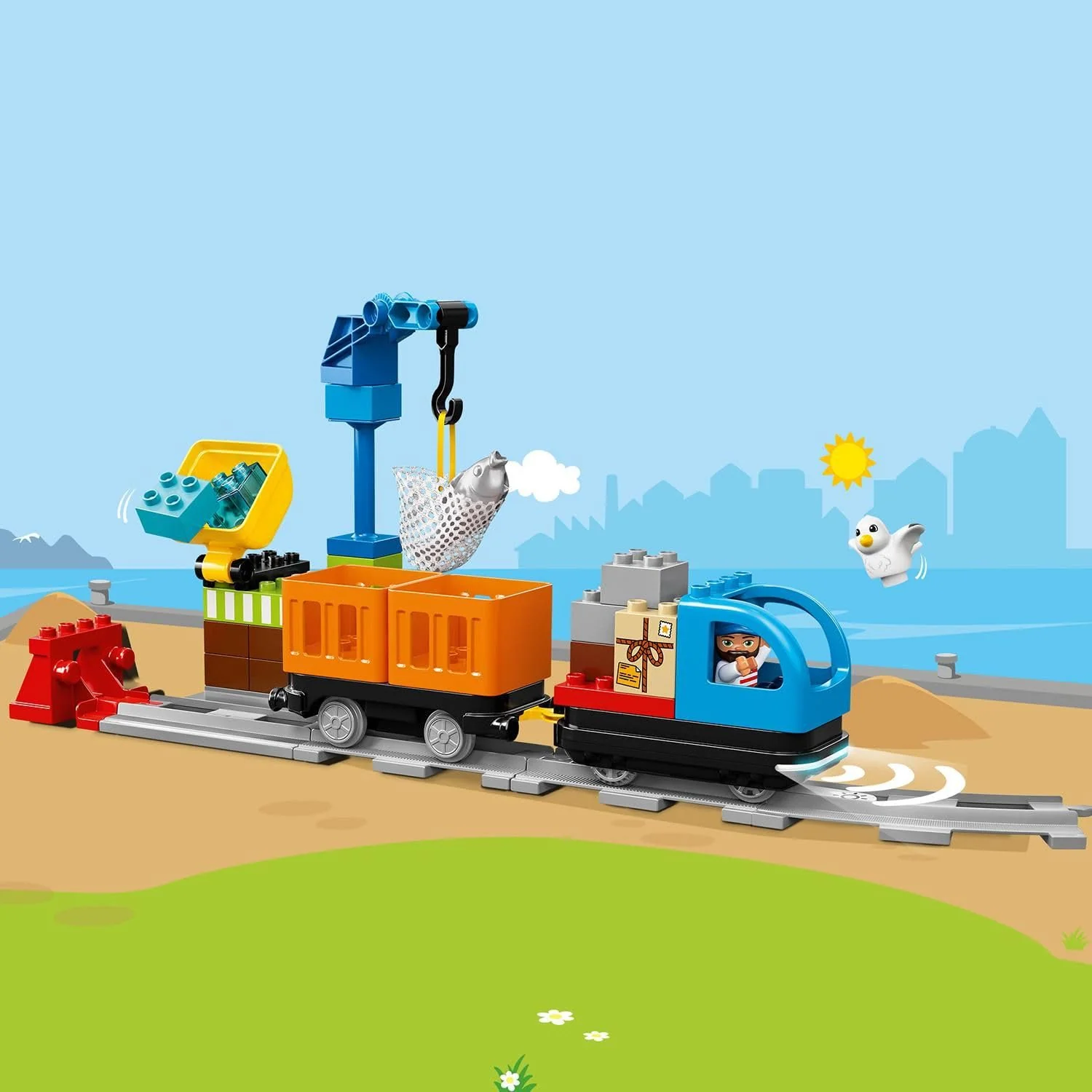 LEGO DUPLO Güterzug, „Push & Go“-Lok mit Lichtern und Geräuschen, Funktionssteinen und 2 Kranen, Spielzeug für Mädchen und Jungen ab 2 Jahren 10875 - Image 9