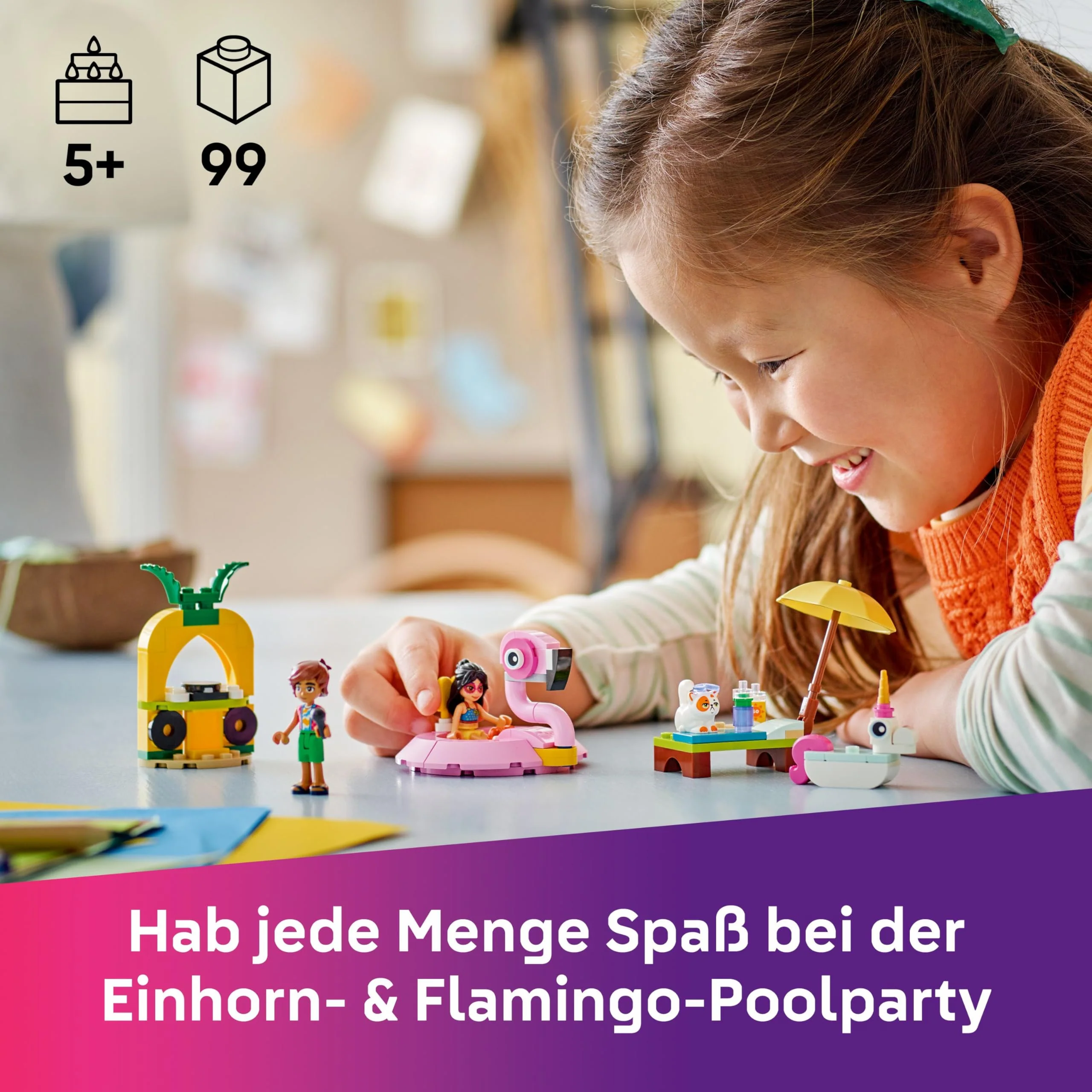 LEGO Friends Poolparty mit Einhorn und Flamingo - Spielzeug mit Tier Schwimmtieren, 2 Minifiguren, Kater Churro und Zubehör - DJ-Pult & Sonnenliegen – Geschenk für Mädchen ab 5 Jahren – 42658 - Image 9