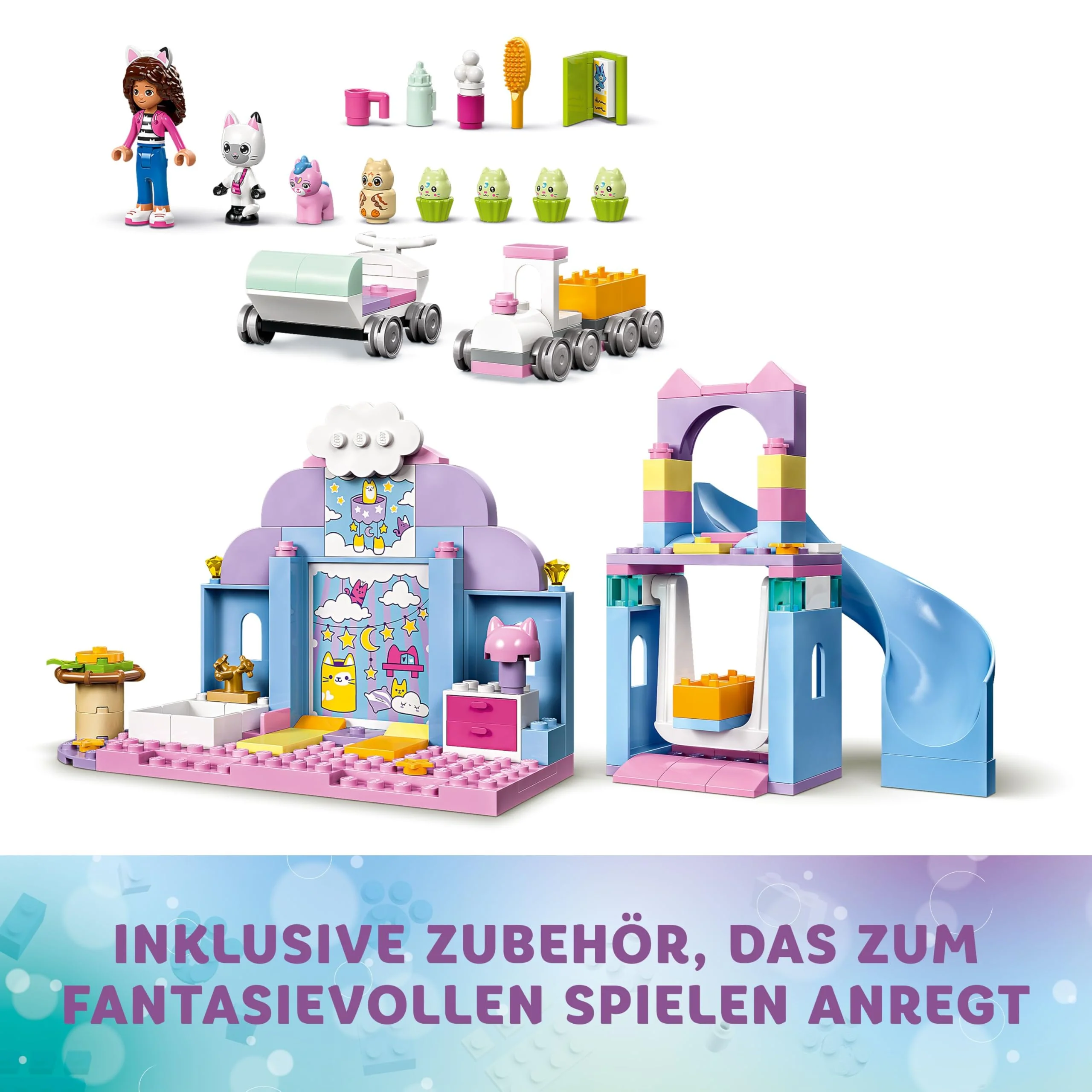 LEGO Gabby's Puppenhaus – Gabbys Katzenpflege Spielset – Kreatives Tier Spielzeug - Bauset mit Auto, Zug, Rutsche, Minifiguren & Zubehör – Kinder Geschenk für Mädchen ab 4 Jahren – 10796 - Image 8