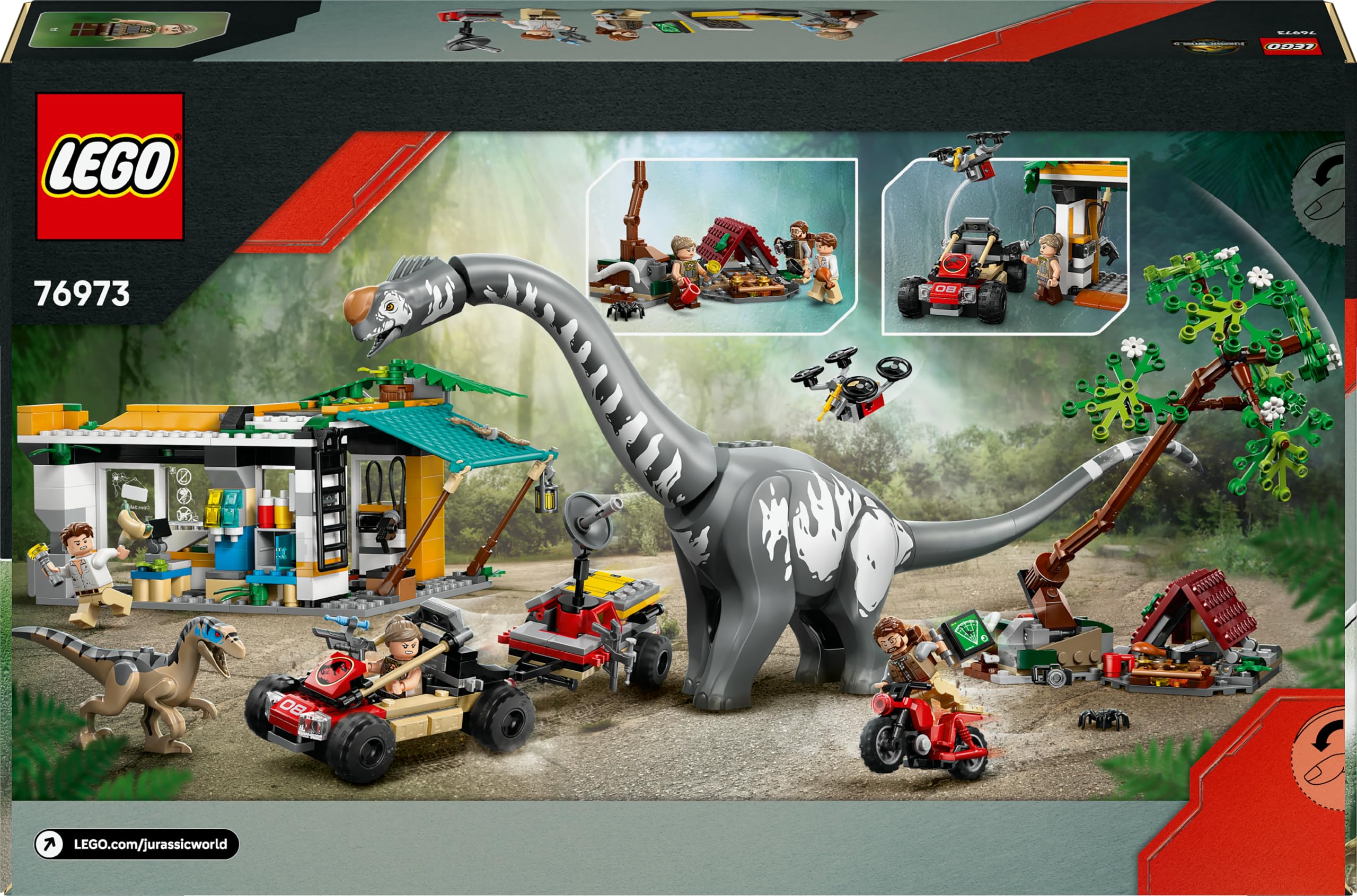 LEGO Jurassic World Raptor & Titanosaurus: Große Fährtensuche – 2 Spielzeug Dinosaurier Figuren, EIN Geländewagen, EIN Motorrad und 3 Minifiguren – Geschenk für Jungen und Mädchen ab 7 Jahren – 76973 - Image 2