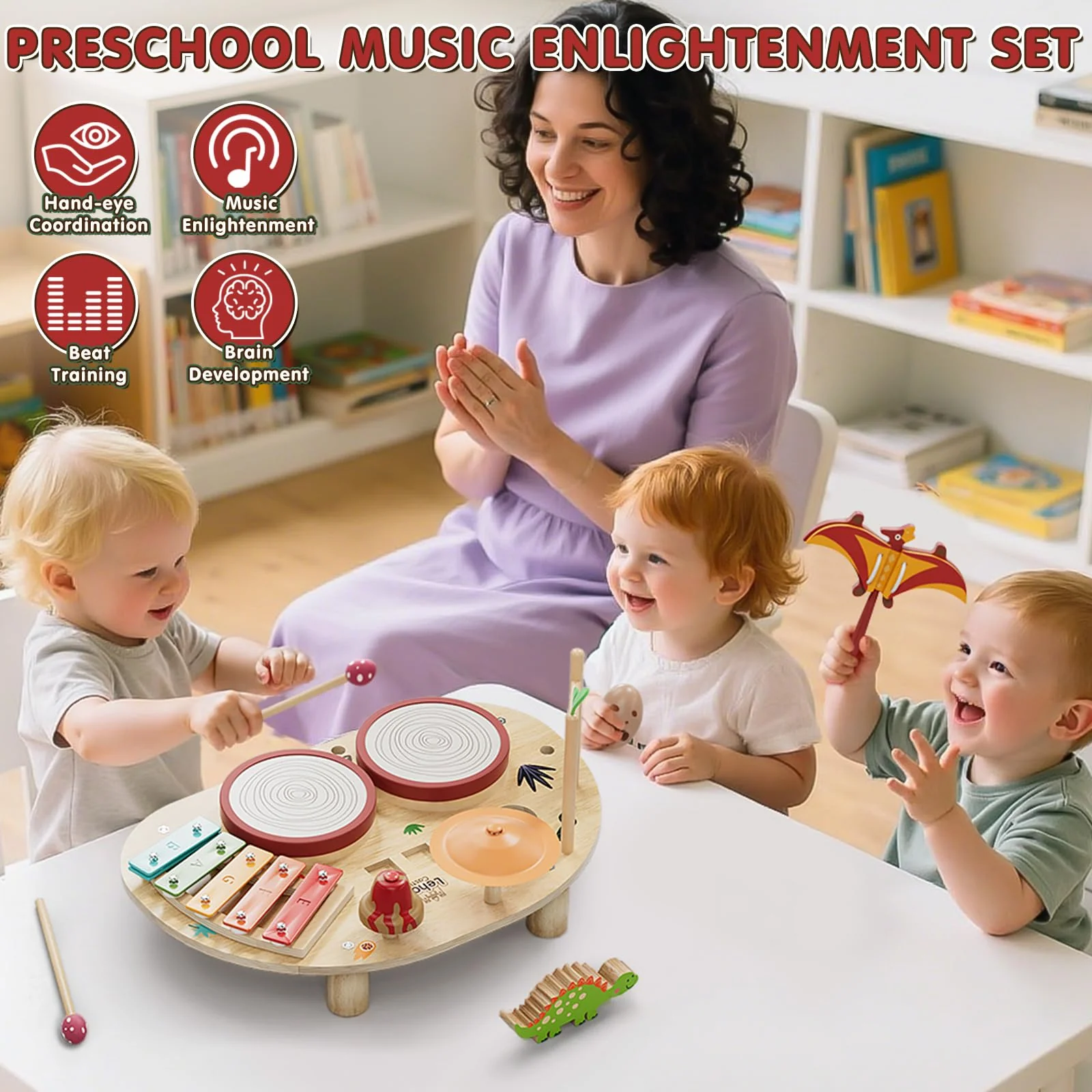 Lehoo Castle Holz Montessori Kinder Schlagzeugset Spielzeug ab 2 3 Jahre, Musikinstrumente für Kinder mit Xylophon Trommel, Musikspielzeug für Babys im Vorschulalter, Lernspielzeug Geschenk - Image 6