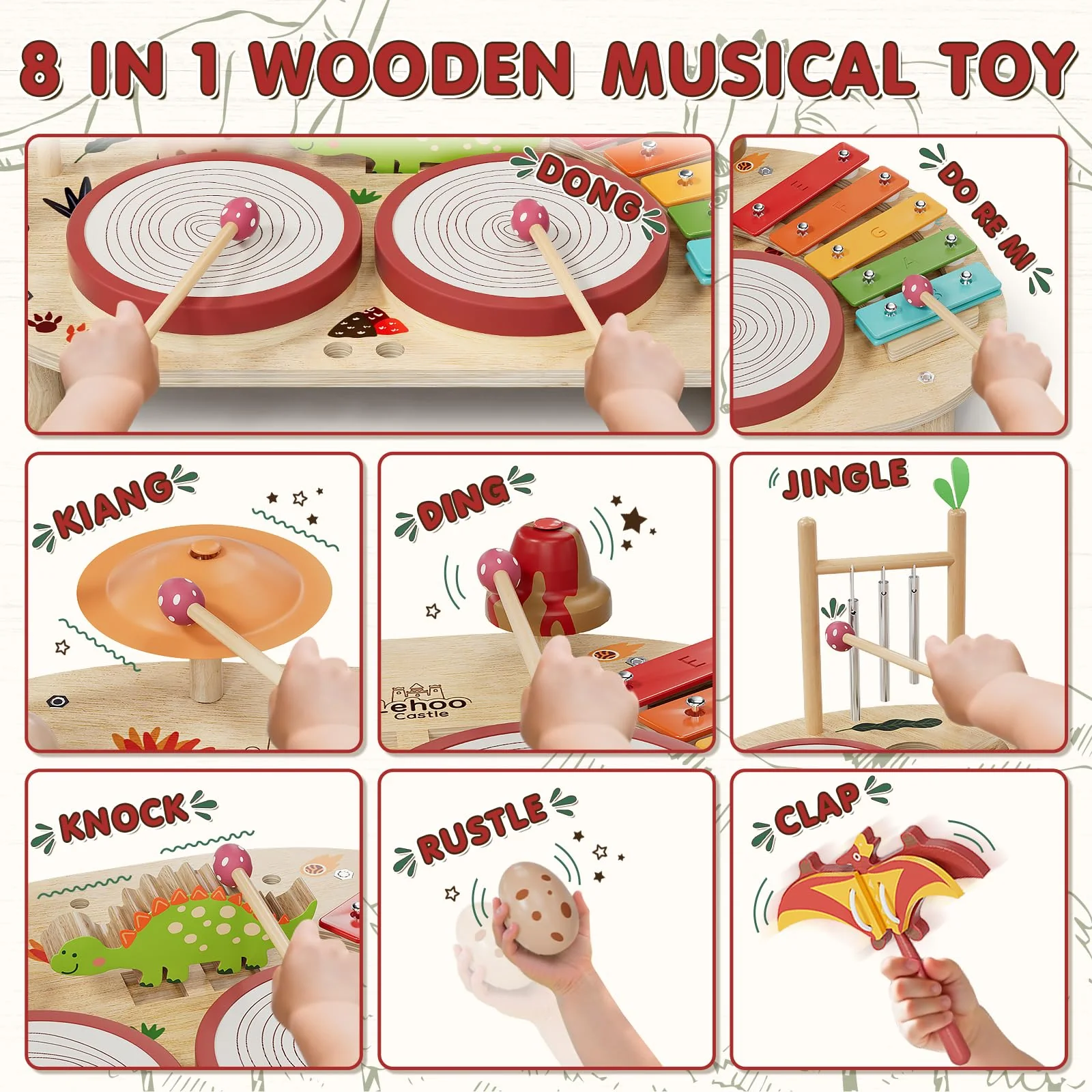 Lehoo Castle Holz Montessori Kinder Schlagzeugset Spielzeug ab 2 3 Jahre, Musikinstrumente für Kinder mit Xylophon Trommel, Musikspielzeug für Babys im Vorschulalter, Lernspielzeug Geschenk - Image 7