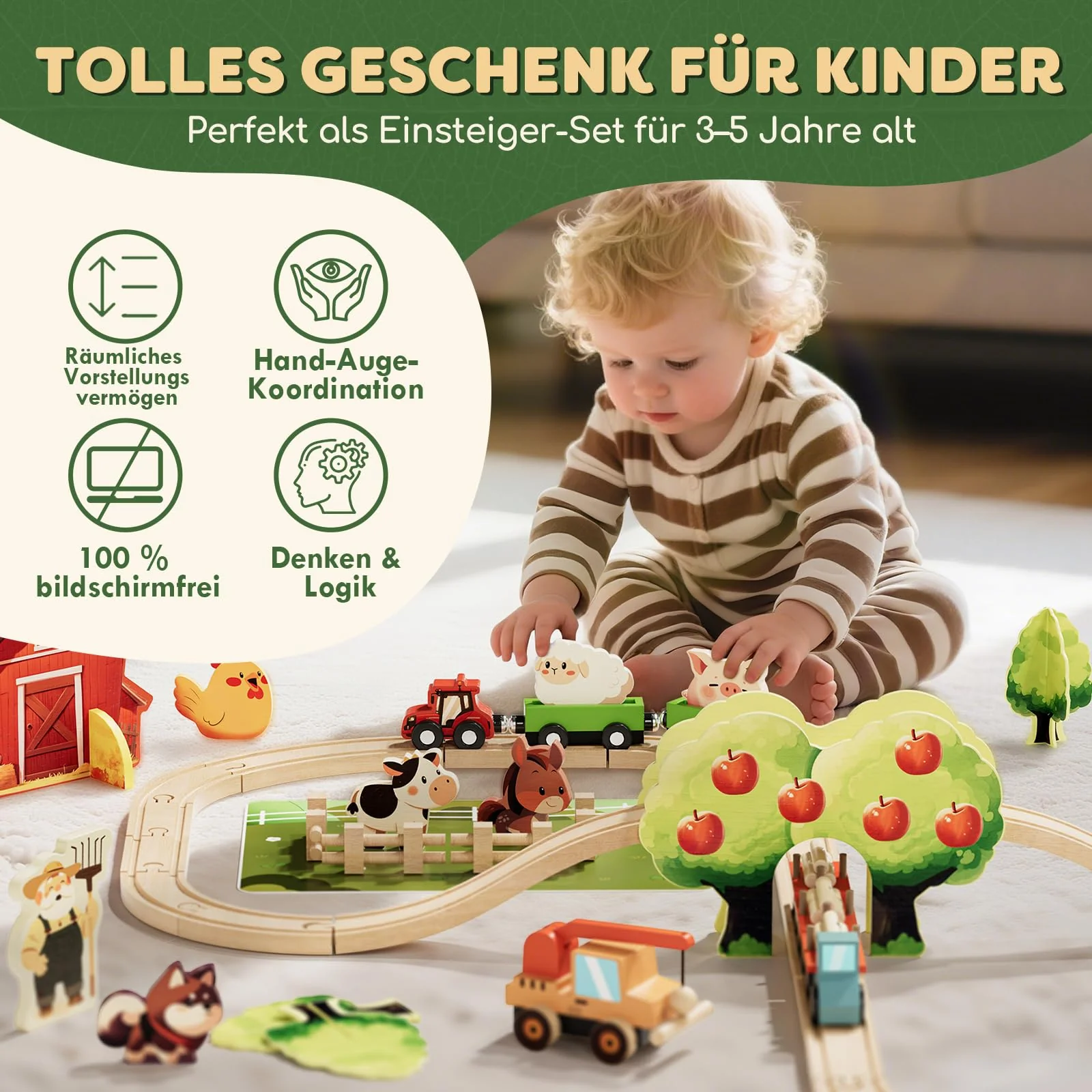 Lehoo Castle Holzeisenbahn, Eisenbahn Kinder, Holz Bauernhof Spielzeug ab 3 Jahre, Zug Spielzeug für Kinder ab 3 4 5 - Image 5