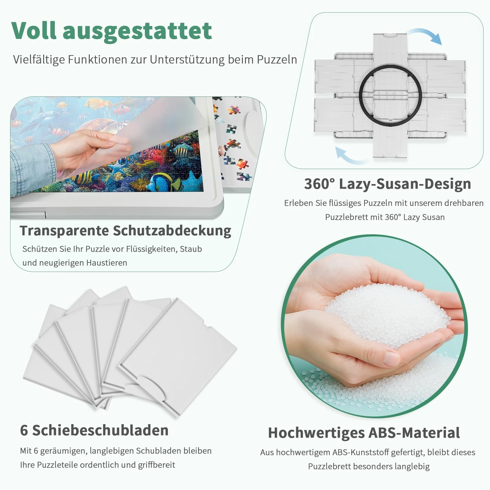 Leichtes 1500-Teile Drehbares Puzzlebrett mit 6 Schubladen & Schutzabdeckung, 360° Lazy-Susan-Design, 87x67 cm Tragbarer Puzzletisch für Erwachsene, Geschenk für Mama - Image 8
