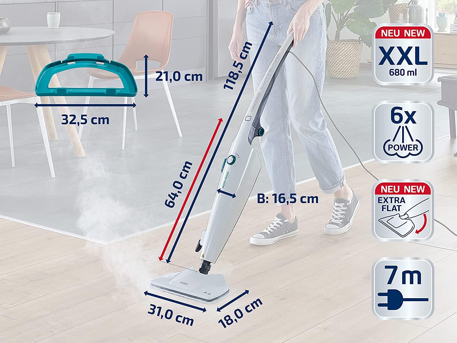 Leifheit Dampfreiniger CleanTenso Power 2.0 mit heißem Wasserdampf gegen Bakterien, Dampfmop mit kurzer Aufheizzeit und 50min Wischdauer, Dampfbesen für Eckenreinigung, Dampfwischer in modernem Design - Image 7