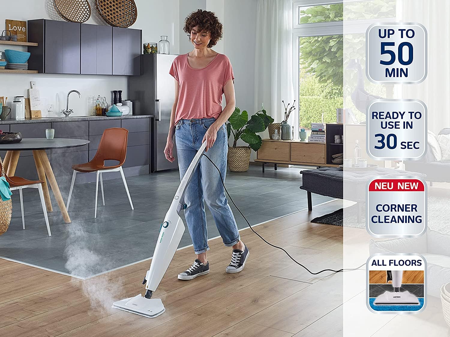 Leifheit Dampfreiniger CleanTenso Power 2.0 mit heißem Wasserdampf gegen Bakterien, Dampfmop mit kurzer Aufheizzeit und 50min Wischdauer, Dampfbesen für Eckenreinigung, Dampfwischer in modernem Design - Image 8