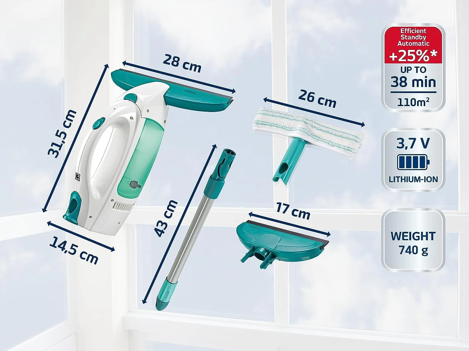 Leifheit Fenstersauger Set Dry & Clean mit Stiel & Einwascher und zweiter Düse für 360° streifenfreie Reinigung, verwendbar bis zu 38 min, Fensterreiniger mit Stand-by-Automatik und Click-System - Image 3