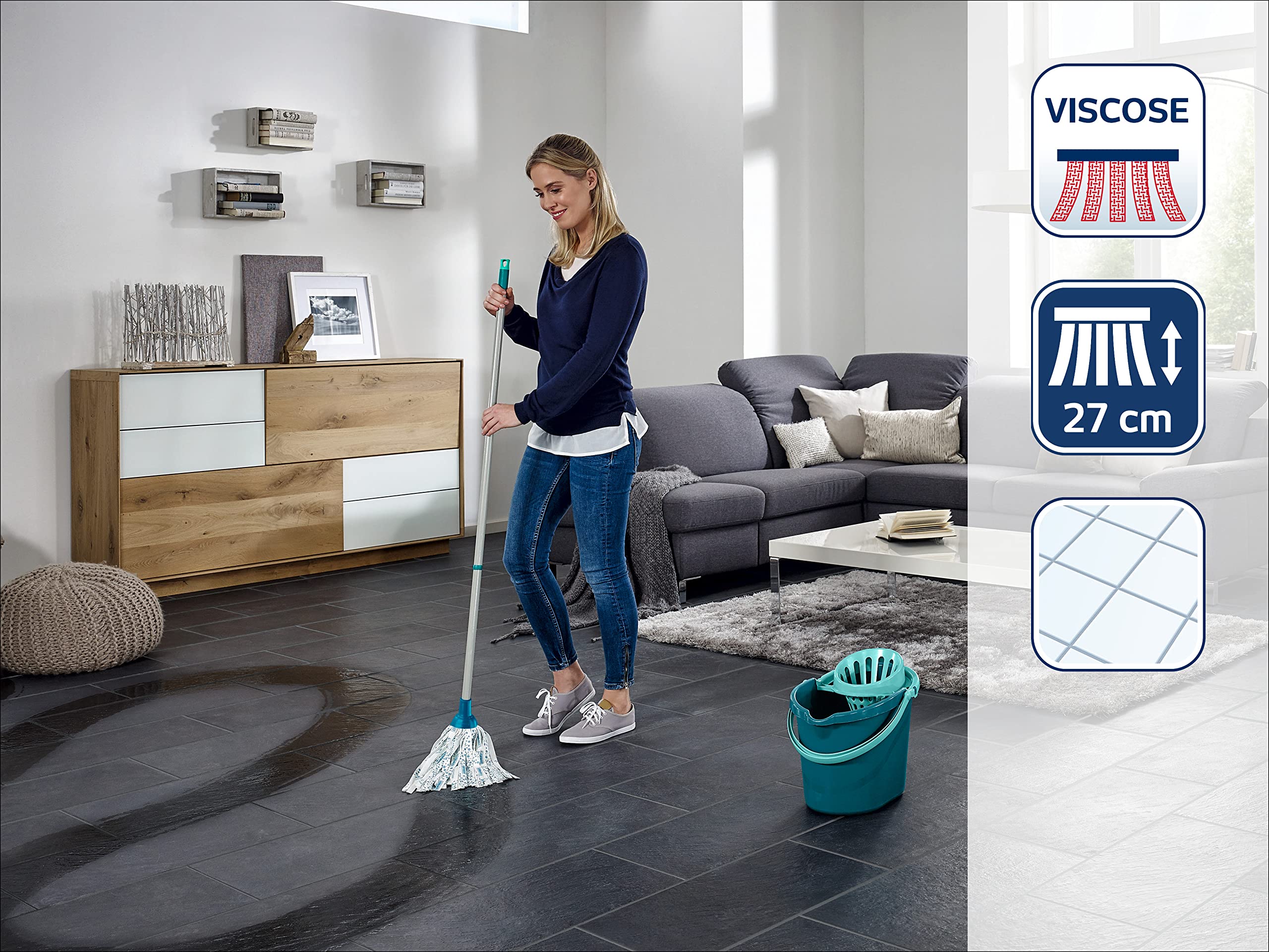 Leifheit Set Classic Mop viscose mit saugstarken Fasern, komplettes Wischset mit Wischmopp und Eimer, Wischer mit flexiblen Viskose-Mopkopf-Streifen - Image 5