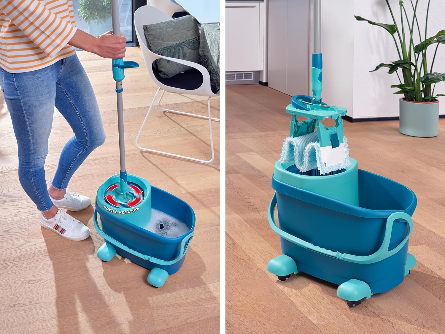 Leifheit Set Clean Twist M Flachwischer Ergo 2.0 mit Rollen, Bodenwischer mit Supersoft Bezug für nebelfeuchte Reinigung auf Parkett, Laminat & Echtholz, Mop mit Click-System und Schleudertechnologie
