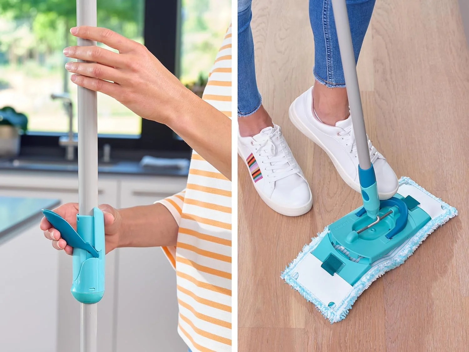 Leifheit Set Clean Twist M Flachwischer Ergo 2.0 mit Rollen, Bodenwischer mit Supersoft Bezug für nebelfeuchte Reinigung auf Parkett, Laminat & Echtholz, Mop mit Click-System und Schleudertechnologie - Image 6