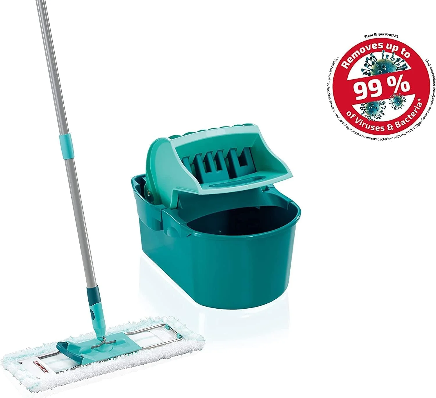 Leifheit Set Wischtuchpresse Profi Compact mit Bodenwischer und 3-teiligem Stiel, wie handgewrungen auspressbar, platzsparendes Wischset mit Mikrofaser Wischbezug für Fliesen und Laminat, Click-System - Image 2