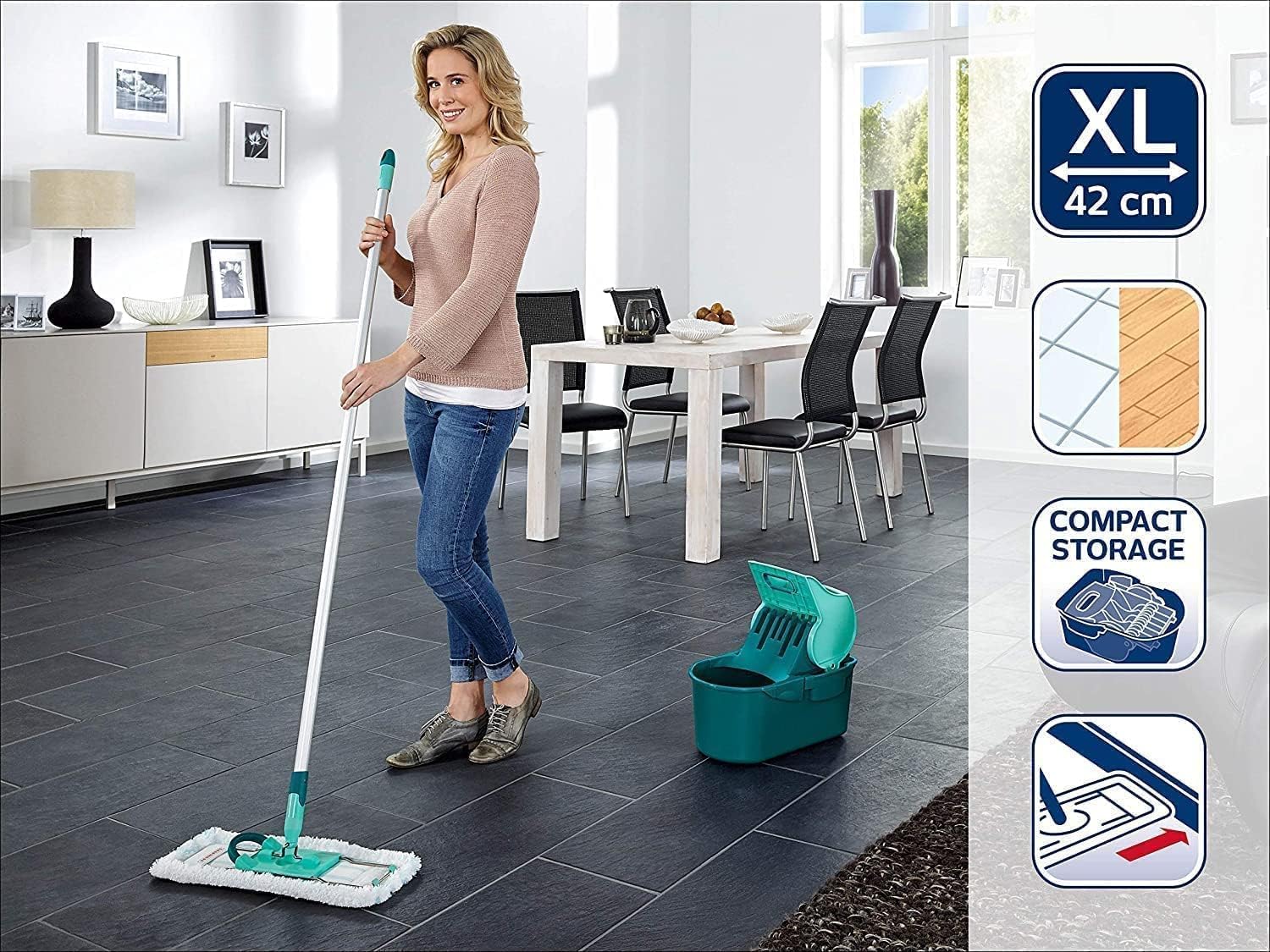 Leifheit Set Wischtuchpresse Profi Compact mit Bodenwischer und 3-teiligem Stiel, wie handgewrungen auspressbar, platzsparendes Wischset mit Mikrofaser Wischbezug für Fliesen und Laminat, Click-System - Image 6