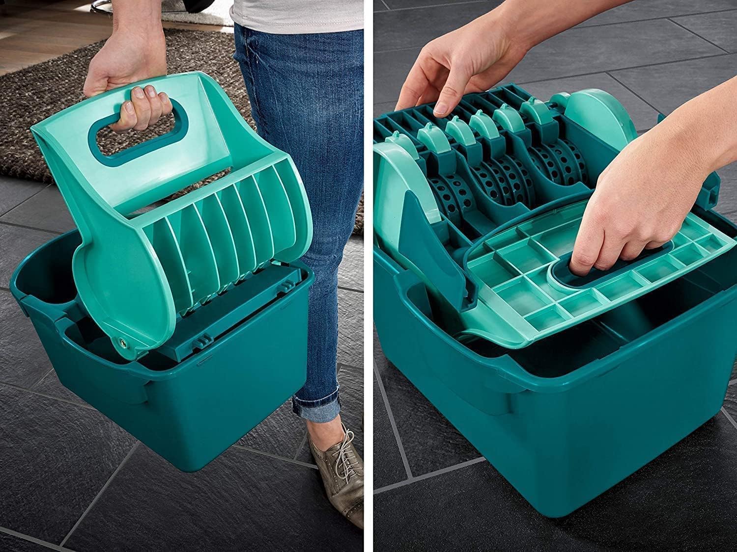 Leifheit Set Wischtuchpresse Profi Compact mit Bodenwischer und 3-teiligem Stiel, wie handgewrungen auspressbar, platzsparendes Wischset mit Mikrofaser Wischbezug für Fliesen und Laminat, Click-System - Image 8