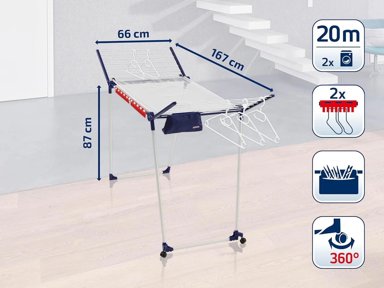 Leifheit Standtrockner Pegasus 200 Solid Deluxe Mobile mit 20 m Trockenlänge, Wäscheständer für lange Wäsche, Flügelwäschetrockner mit Kleiderbügelstangen - Image 8