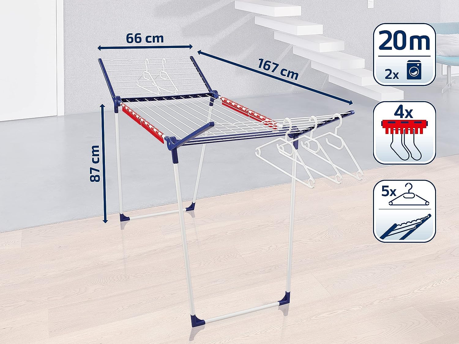 Leifheit Standtrockner Pegasus 200 Solid mit 20m Trockenlänge für 2 Wäscheladungen, Flügelwäschetrockner für lange Wäsche mit 4 Kleinteilehaltern, Kleiderbügelstangen und 5 Bügeln [Amazon Exclusive] - Image 3