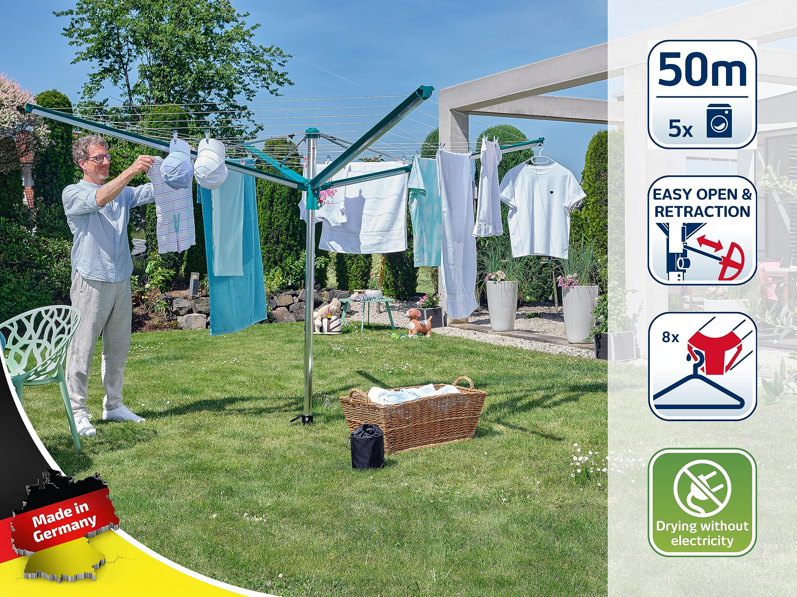 Leifheit Wäschespinne Linomatic 500 Deluxe Cover mit Leineneinzug für saubere Wäsche, Wäscheschirm für die ganze Familie, Wäscheständer inkl. Bodenhülse und Schutzhülle, 50m Leine für 5 Wäscheladungen - Image 8
