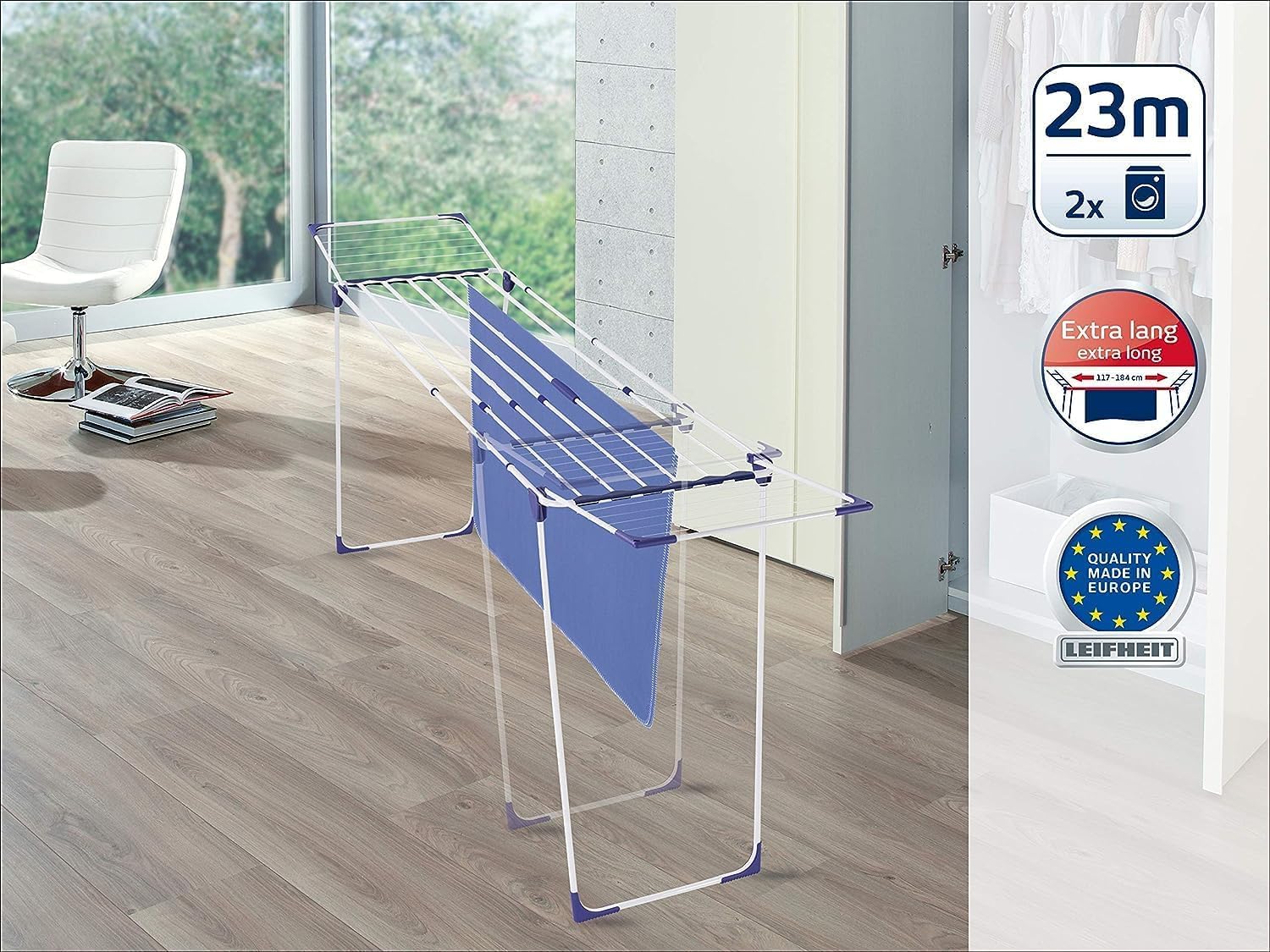 Leifheit Wäscheständer Classic Extendable 230 Solid, auf eine Breite von 184 cm ausziehbar, Standtrockner mit 23m Trockenlänge, stabiler Wäschetrockner mit extradicken XL-Stäben, weiß, blau - Image 4