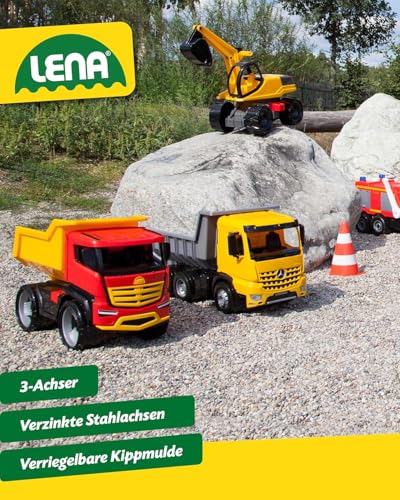Lena 02031 - Riesen Muldenkipper Mercedes Benz Actros, Kipplaster ca. 63 cm, großer Kipper mit 3 Achsen & verriegelbarer Kippmulde, Baustellen Spielfahrzeug für Kinder ab 3 Jahre, Rot, Gelb, Schwarz - Image 3