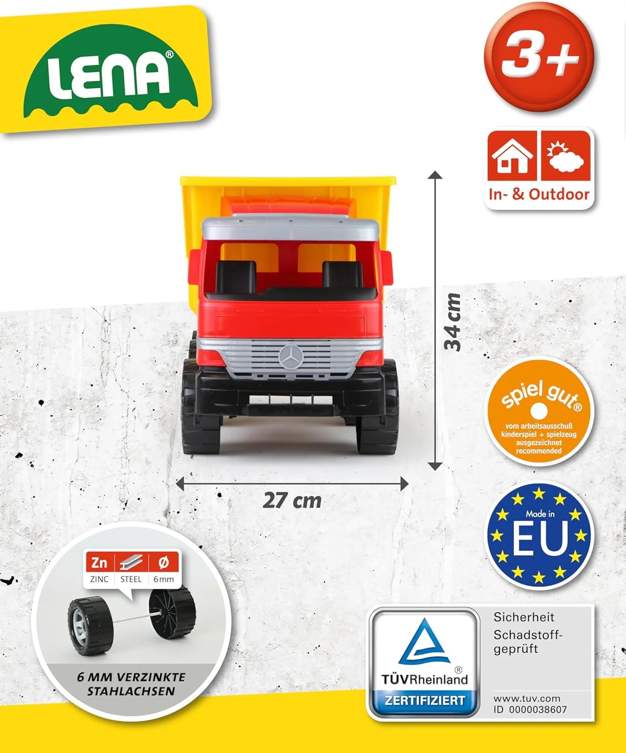 Lena 02031 - Riesen Muldenkipper Mercedes Benz Actros, Kipplaster ca. 63 cm, großer Kipper mit 3 Achsen & verriegelbarer Kippmulde, Baustellen Spielfahrzeug für Kinder ab 3 Jahre, Rot, Gelb, Schwarz - Image 4