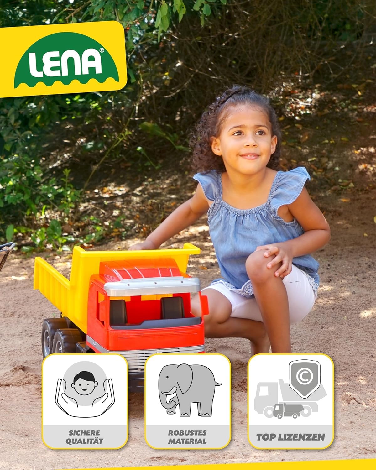 Lena 02031 - Riesen Muldenkipper Mercedes Benz Actros, Kipplaster ca. 63 cm, großer Kipper mit 3 Achsen & verriegelbarer Kippmulde, Baustellen Spielfahrzeug für Kinder ab 3 Jahre, Rot, Gelb, Schwarz - Image 5