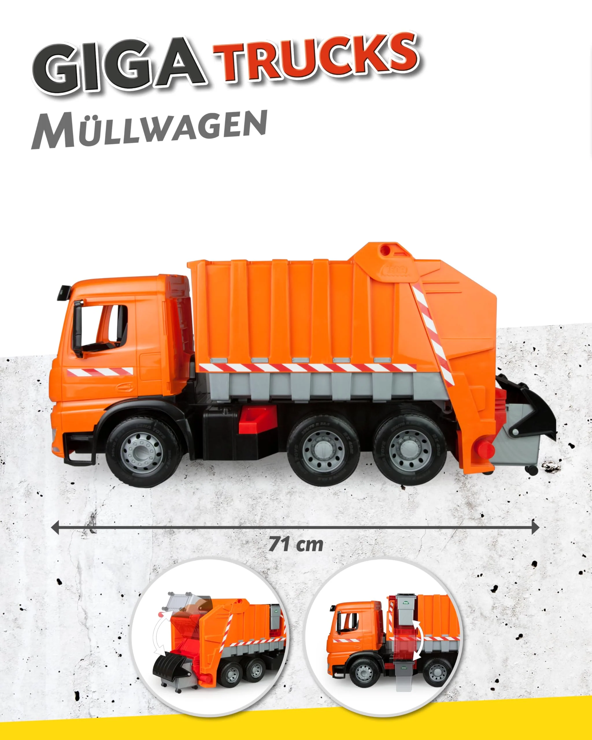 Lena 02168 - Starke Riesen Müllwagen Mercedes Benz Arocs, orange, ca. 74 cm, Müllfahrzeug mit 3 Achsen, großes Spielfahrzeug für Kinder ab 3 Jahre - Image 4