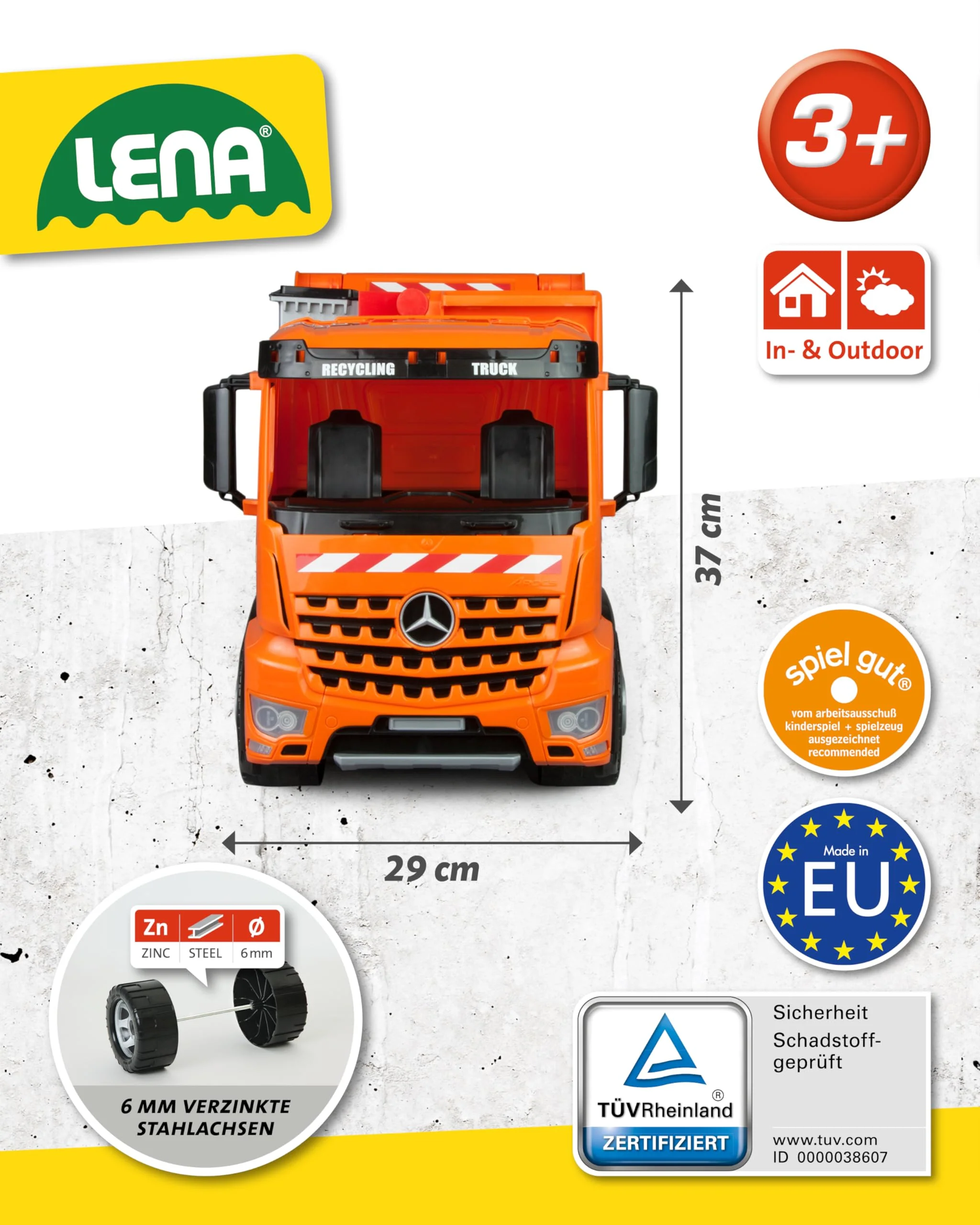 Lena 02168 - Starke Riesen Müllwagen Mercedes Benz Arocs, orange, ca. 74 cm, Müllfahrzeug mit 3 Achsen, großes Spielfahrzeug für Kinder ab 3 Jahre - Image 6