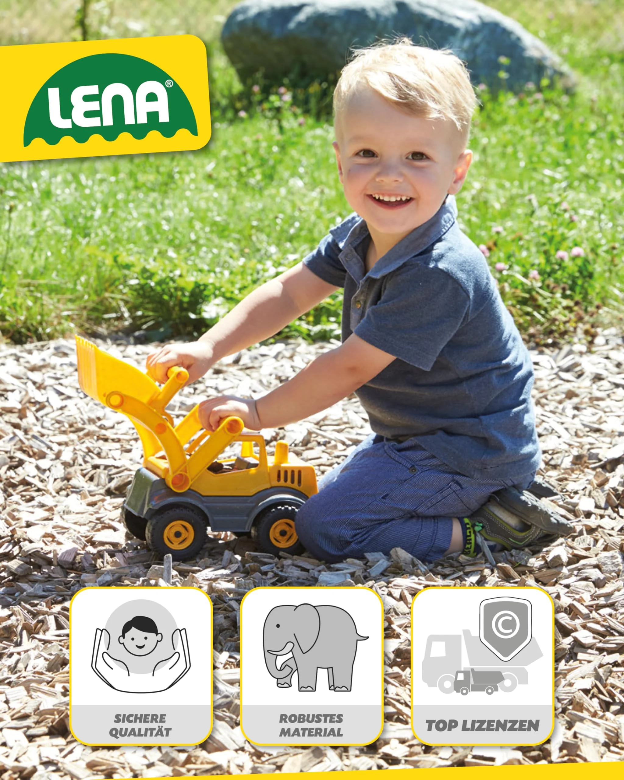 Lena 04212 EcoActives Schaufellader, ca. 33 cm, Baustellen Spielfahrzeug für Kinder ab 2 Jahre, robuster Radlader mit Griff und beweglicher Ladeschaufel, natürlicher Holzgeruch durch Holzanteil - Image 5