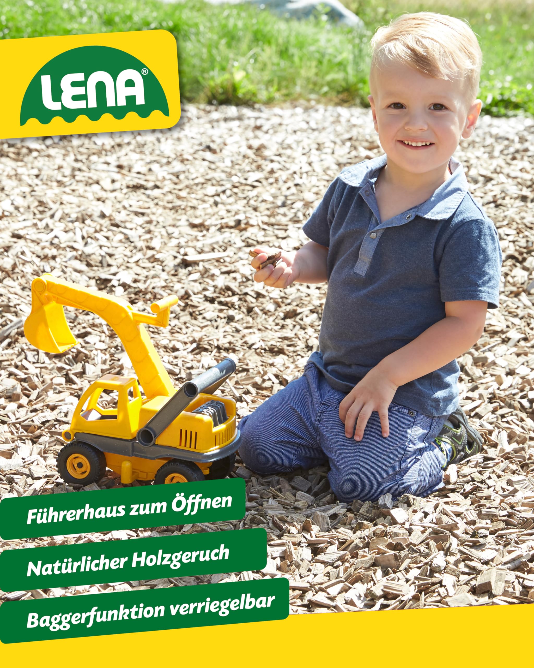 Lena 4211 EcoActives Bagger, Baustellenfahrzeug ca. 35 cm, robuster Schaufelbagger, natürlicher Holzgeruch durch ökologischen Holzanteil, Sandbagger für Kinder ab 2 Jahre, Spielfahrzeug in gelb - Image 3